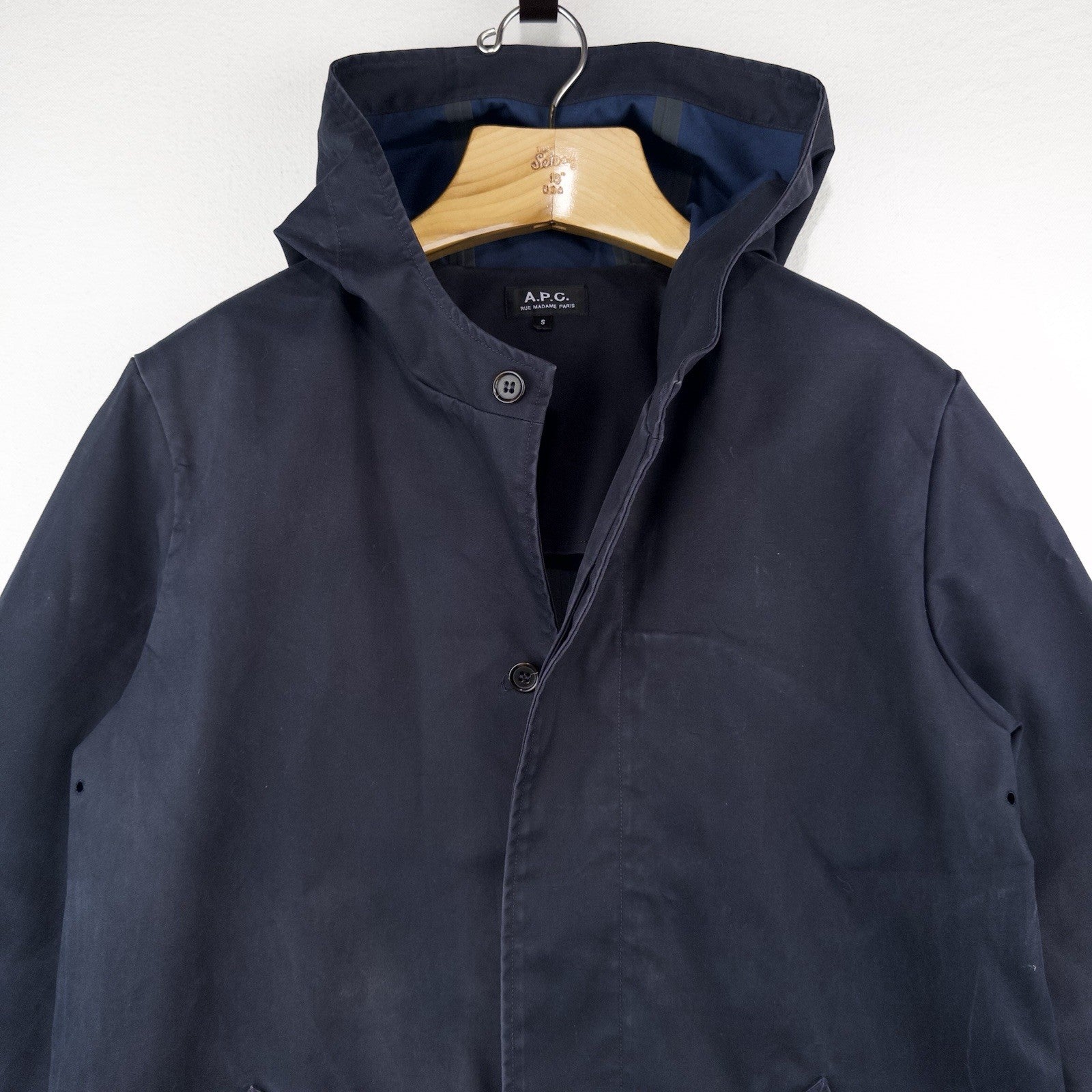 APC Navy Blue Hooded Trench Rain Coat Mac Parka Jacket Men’s Small S