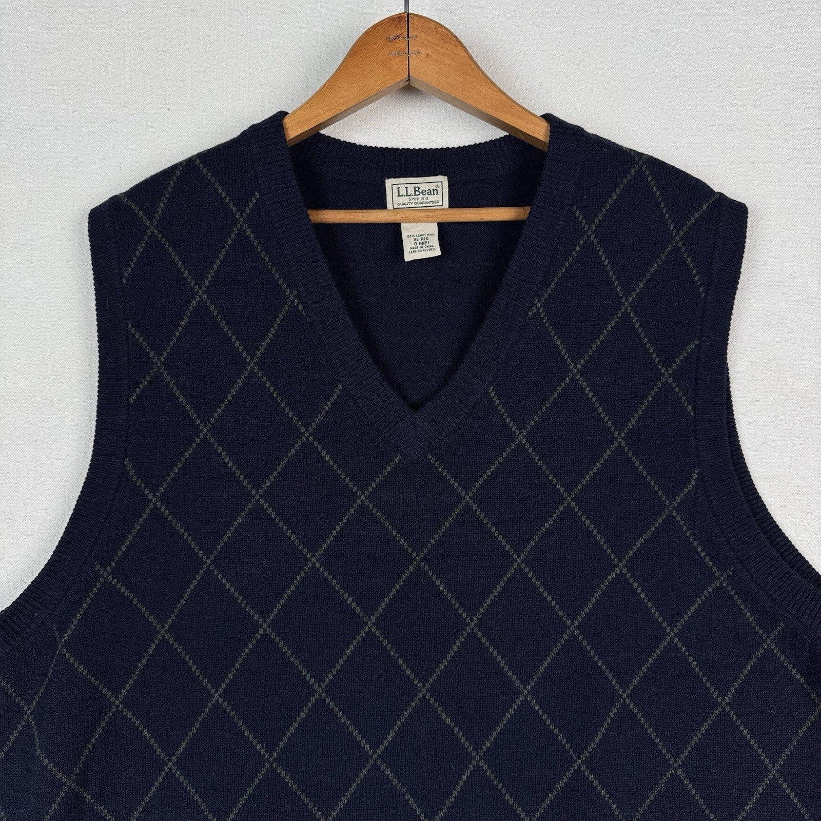 LL Bean Lambswool Sweater Vest XL Argyle Grandpa Navy Blue Green