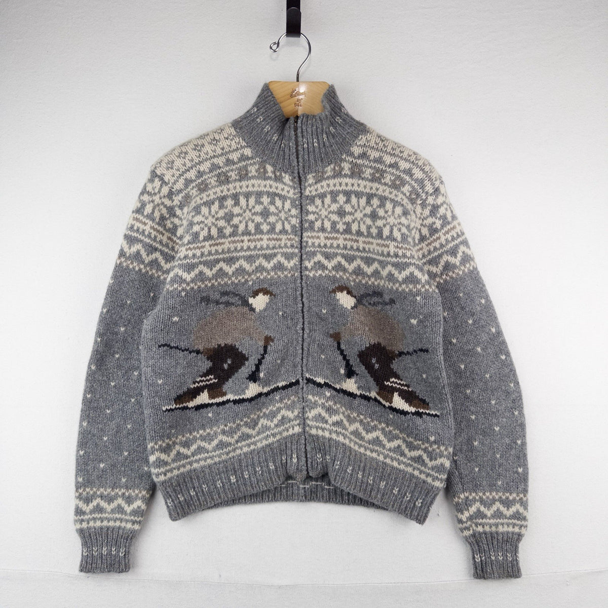 90’s Vtg Cowichan Wool Ski Graphic Fair Isle Sweater Knit Wool Zip Women’s L