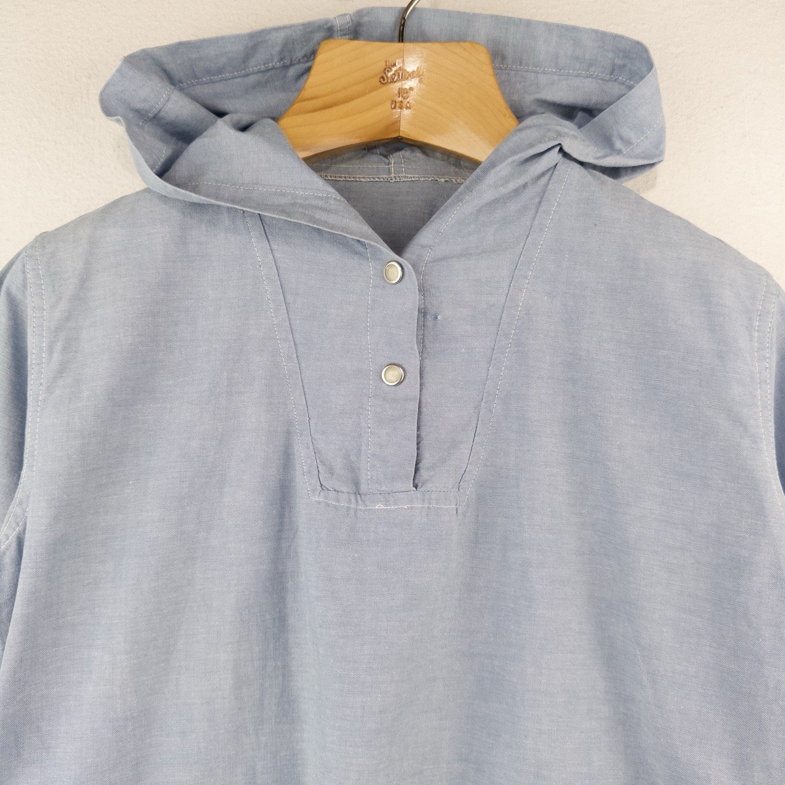 50's Vtg Chambray Patch Pocket Hooded Smock Jacket S Single Stitch Pearl Snap