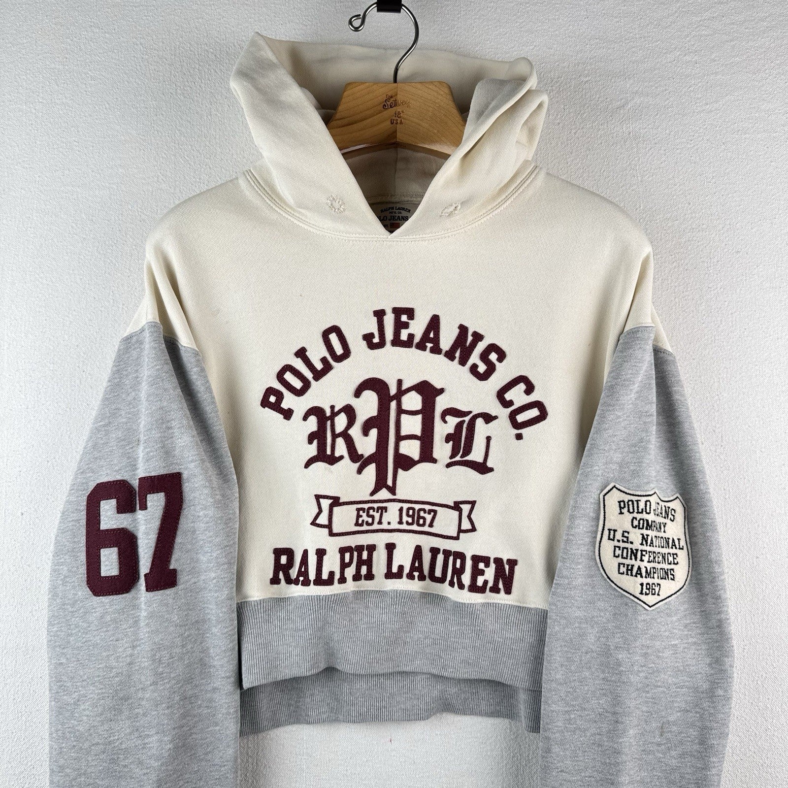 Vtg Polo Jeans Co Ralph Lauren Applique Cream Maroon Men’s Large Cropped to 17”