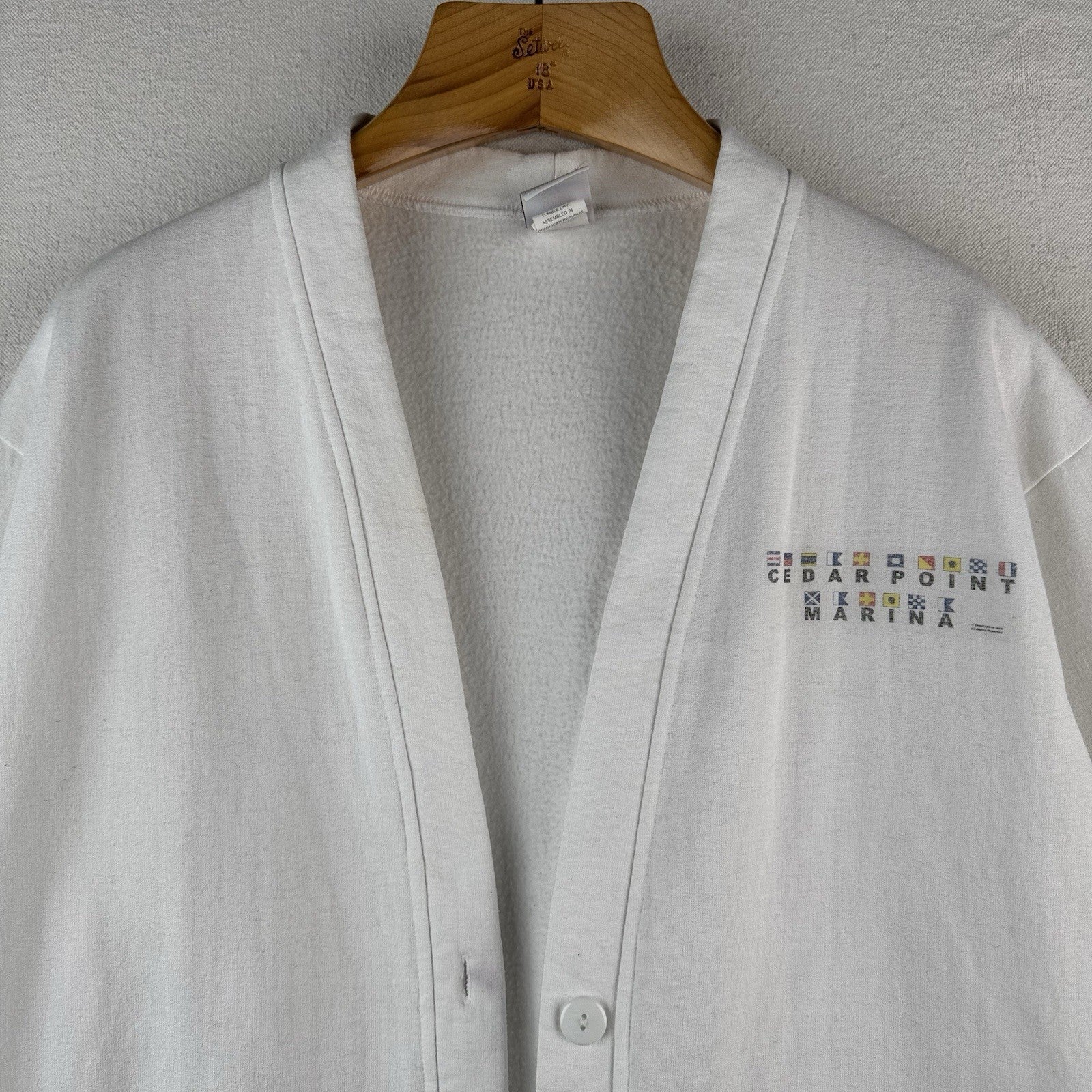 Vintage Cedar Point Marina Fleece Cardigan Men’s Large Nautical Flags White