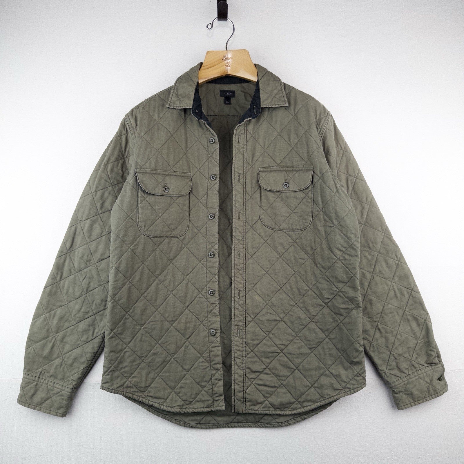 J.Crew Quilted Padded Men’s L Jacket Diamond Weave Green Cotton Insulated *Read