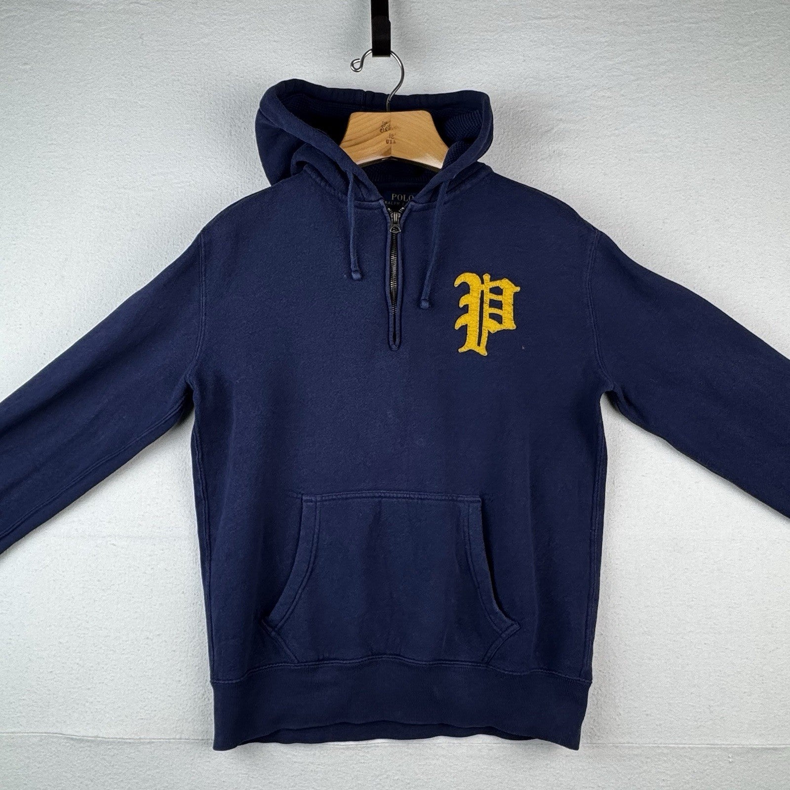 Vintage Polo Ralph Lauren Men’s Small Hoodie 1/4 Zip English Logo Blue *Read