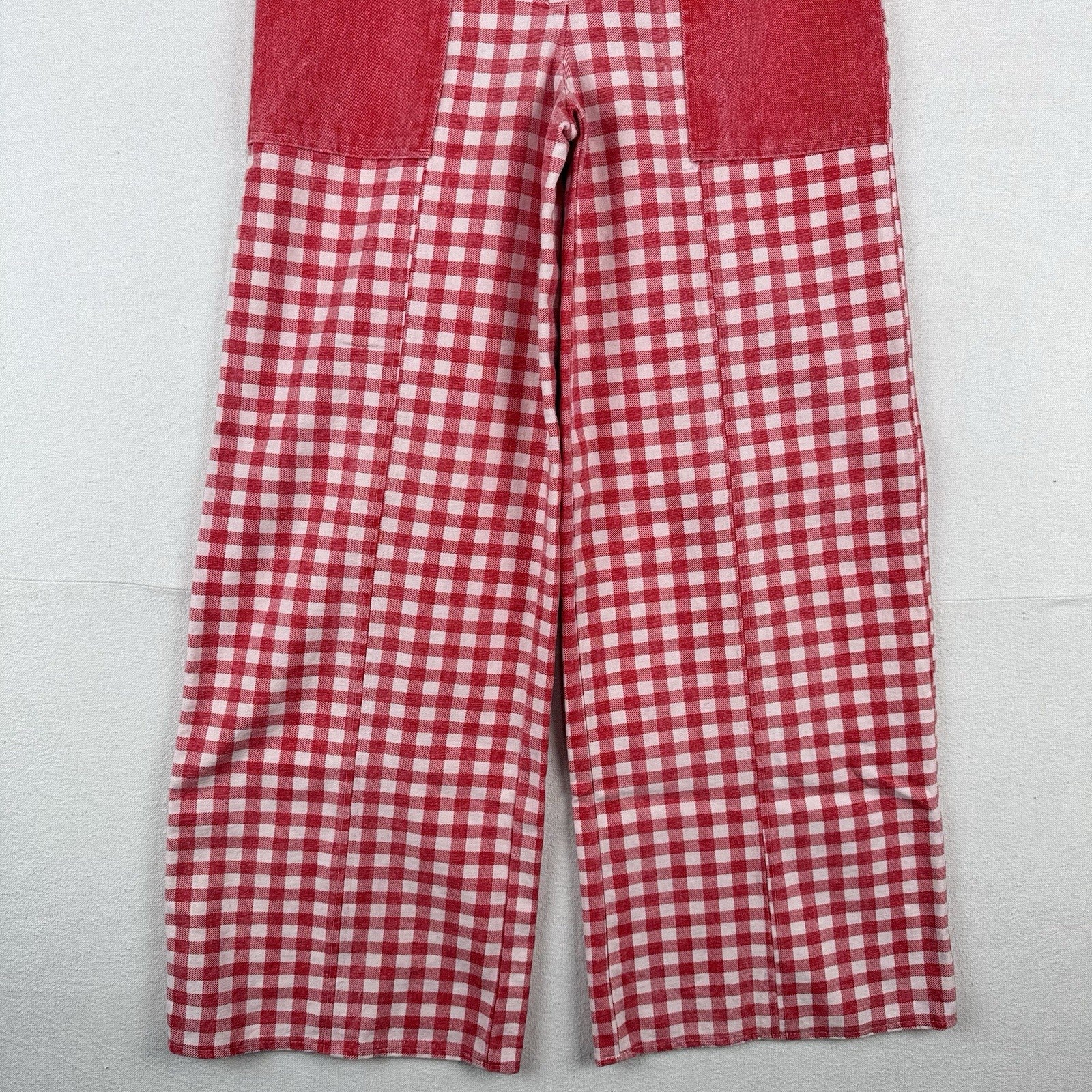 Vtg Gingham Womens 28x30 Wide 13” Leg High Waist Pants Red & White Patch Pockets