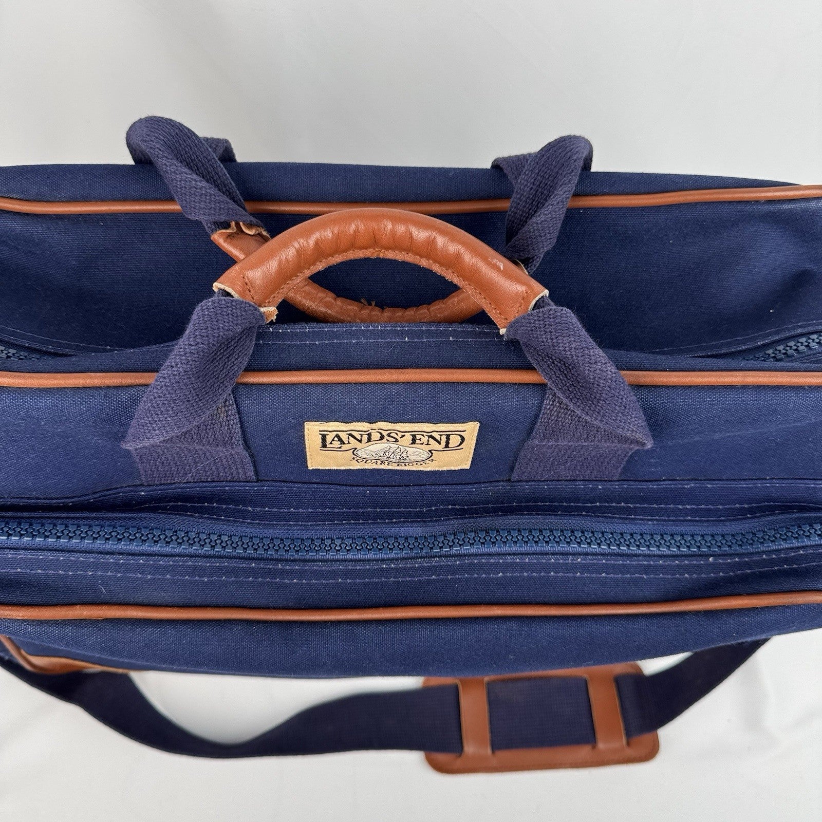 Vtg Lands End Square Rigger Weekender Bag Navy Blue Canvas Leather Luggage 20”