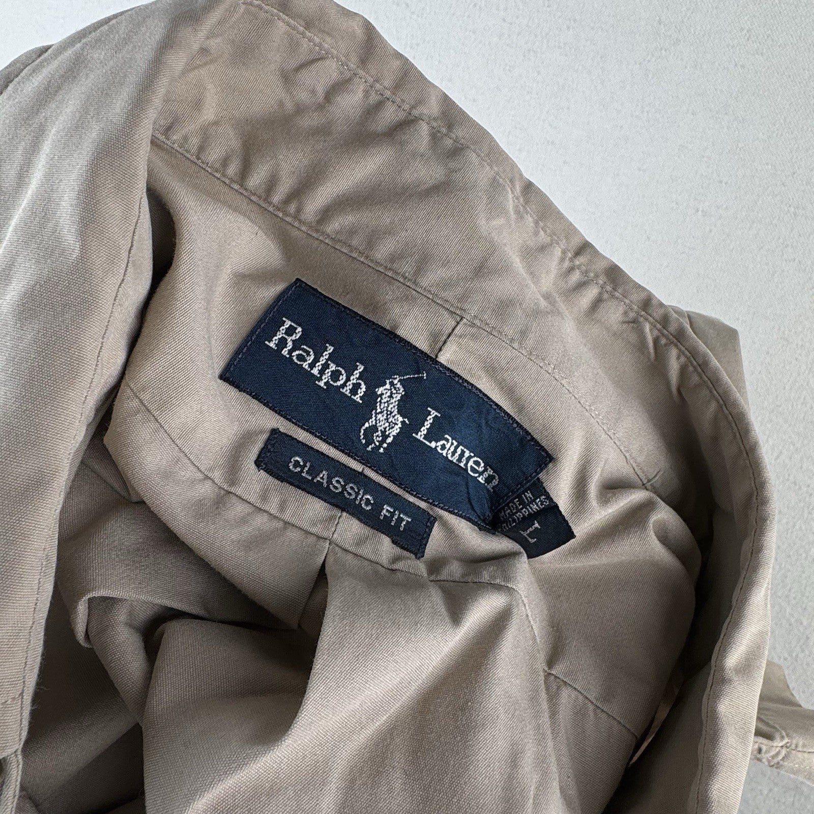 Vintage Ralph Lauren Mens L Beige Classic Fit Short Sleeve Button Down Shirt