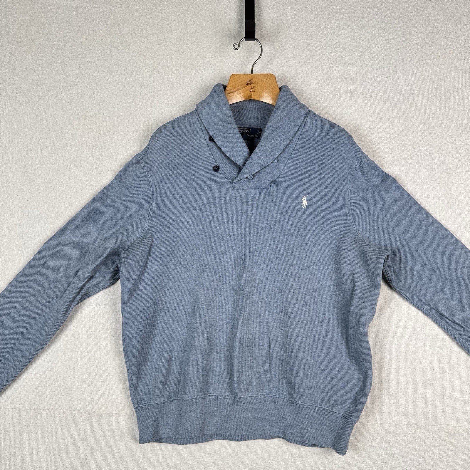Vintage Polo Ralph Lauren Men's Large Shawl Collar Pullover Sweater Blue *Read
