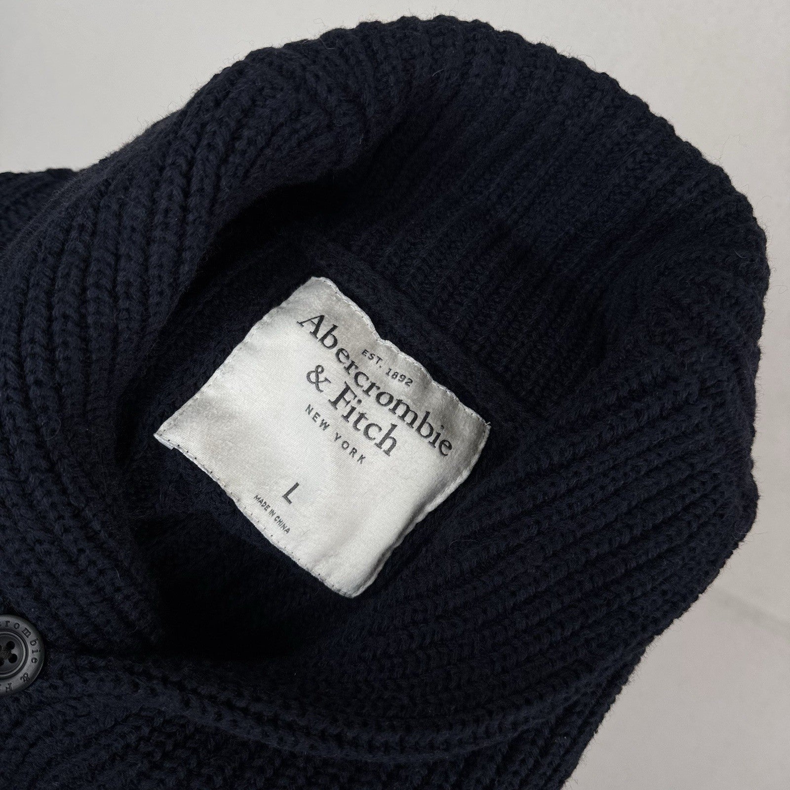 Abercrombie & Fitch Mens L Navy Shawl Collar Wool Blend Knit Sweater Pullover