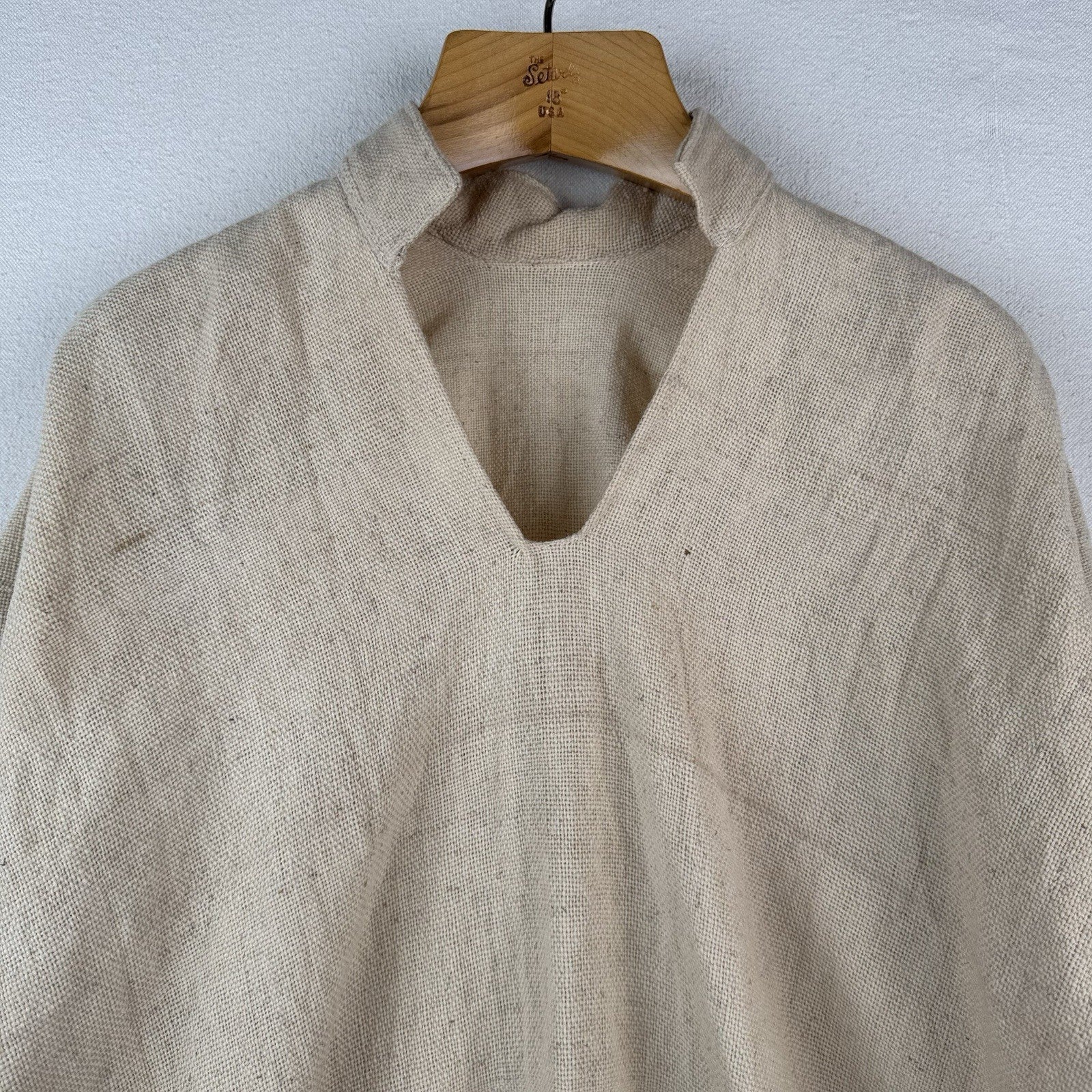 Handmade Linen V-neck Balloon Sleeve Tunic Beige Vintage Poet Shirt 42” Chest