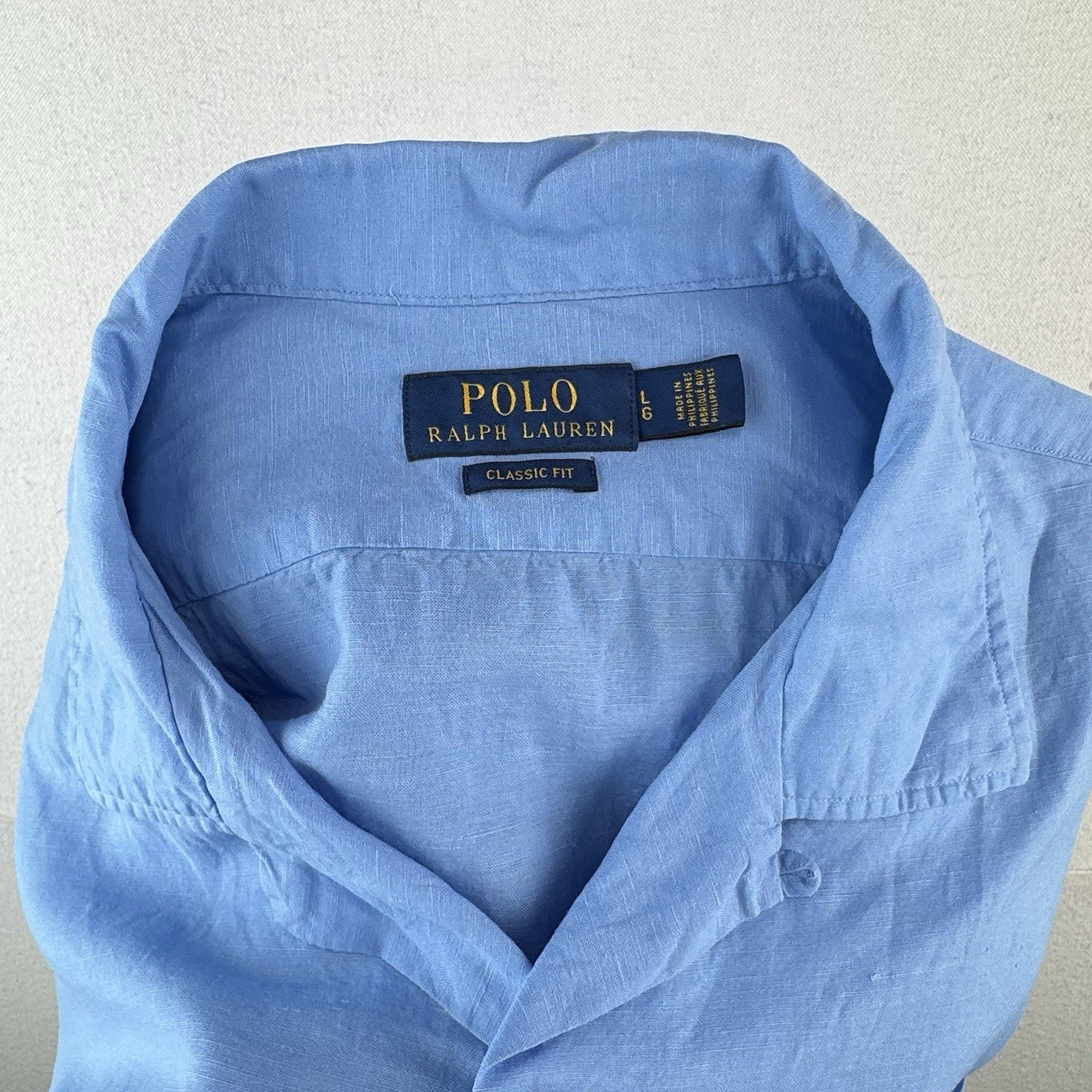 Polo Ralph Lauren Men's L Classic Fit Camp Linen Blend Loop Collar Shirt Blue