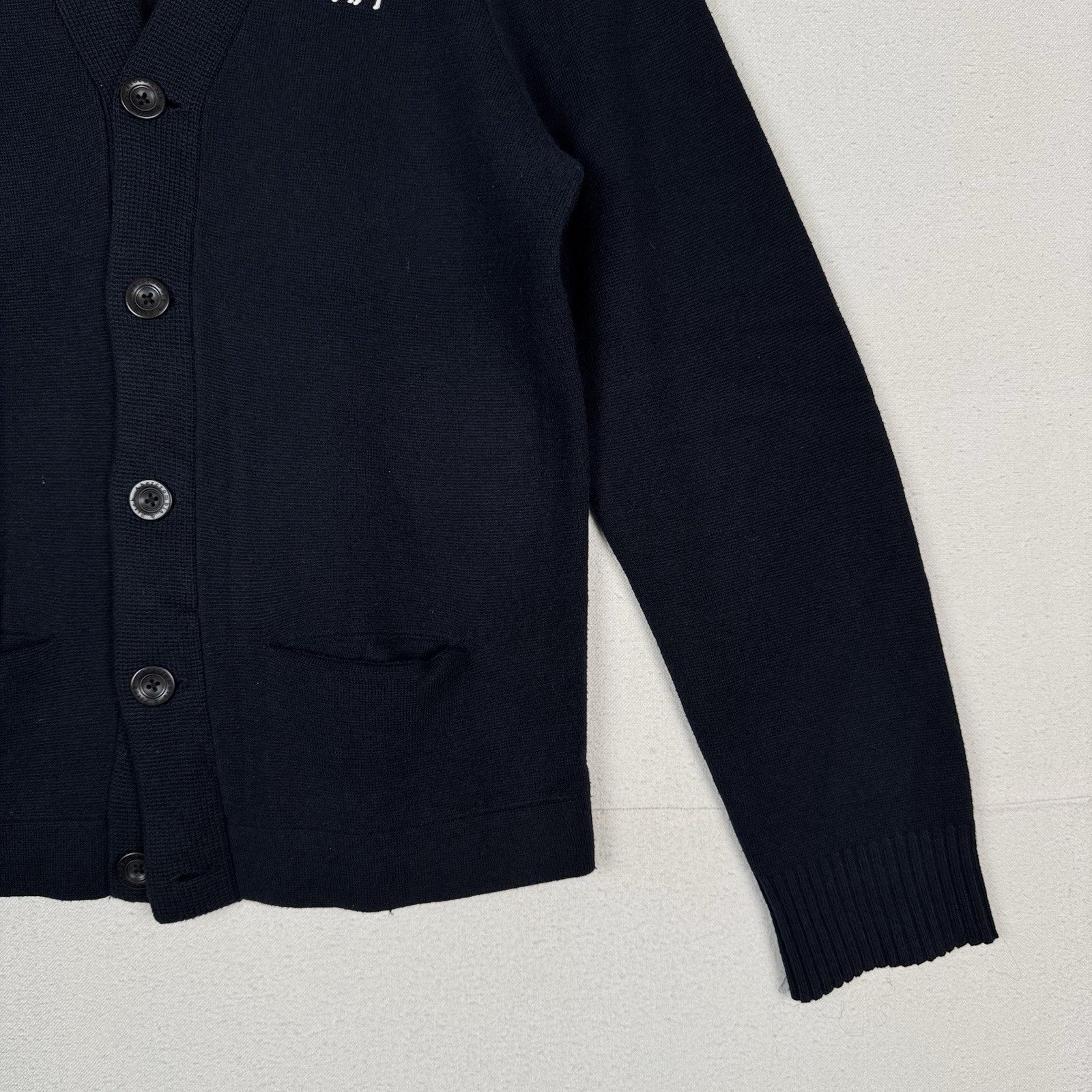 Abercrombie Fitch Men’s XL Wool Knit Navy Blue Cardigan Sweater Moose Logo