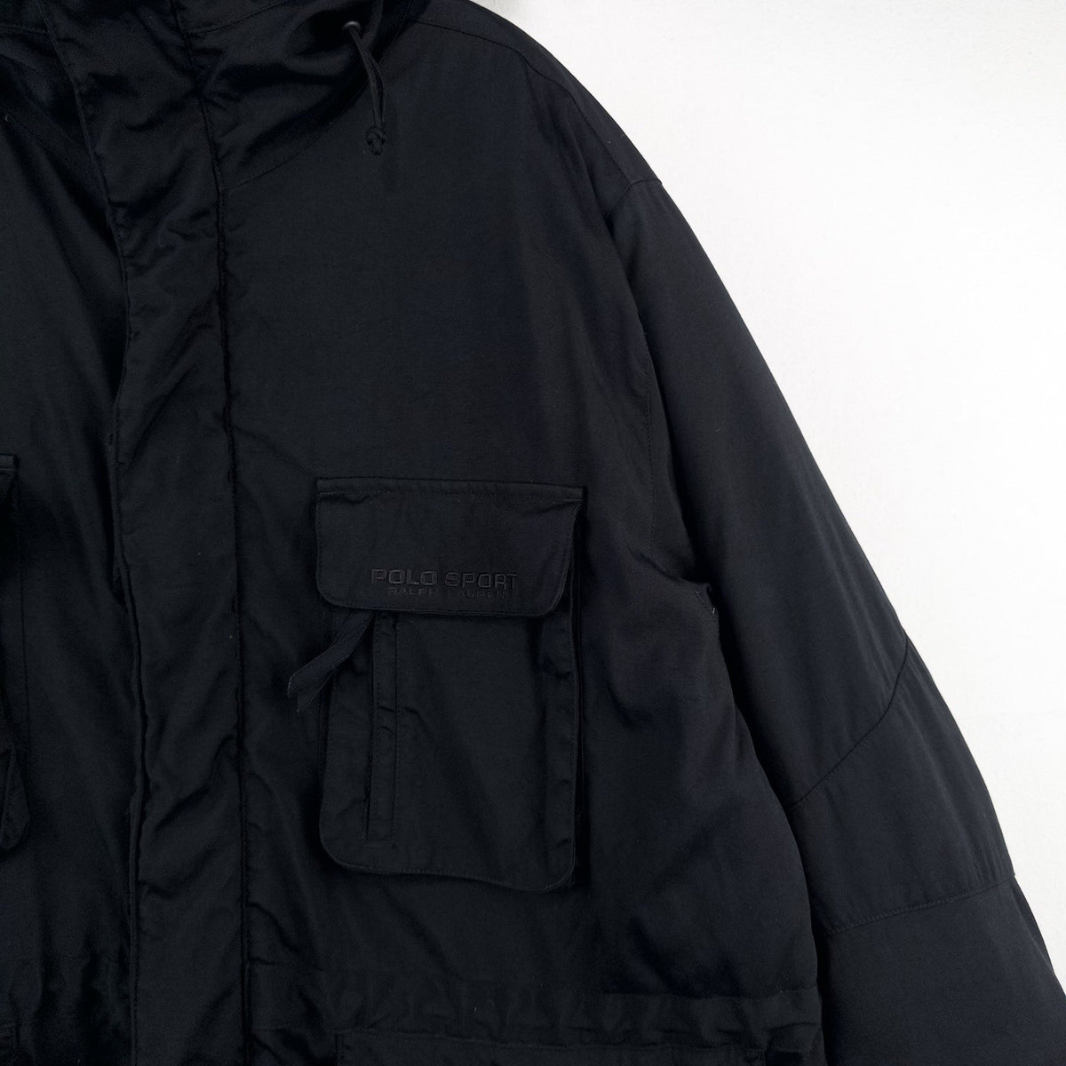 90’s Vtg Polo Sport Ralph Lauren Men’s L Black Down Parka Jacket Coyote Fur Trim