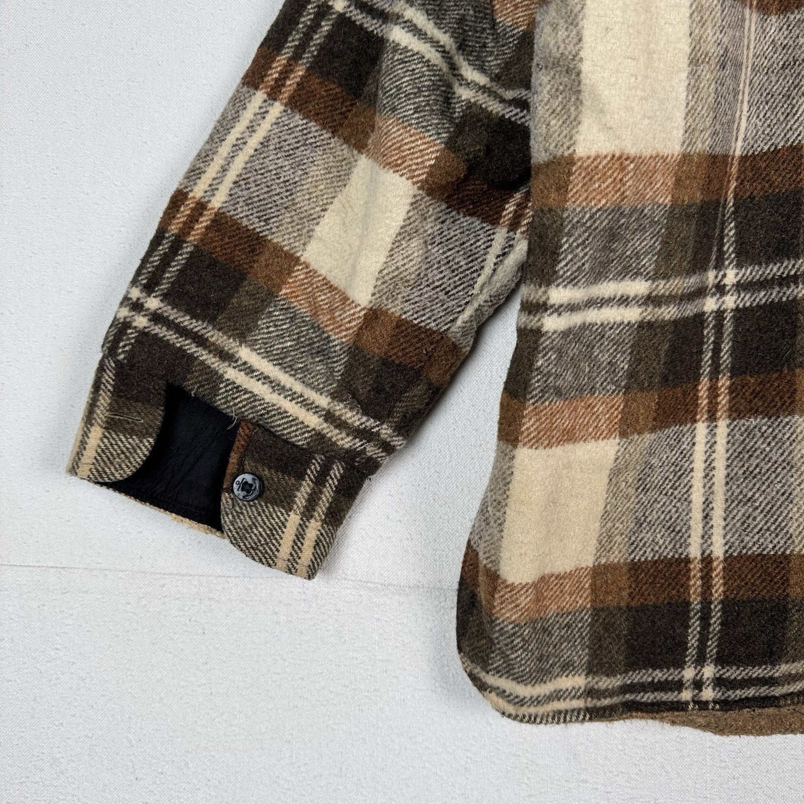 Vintage 70s CPO by Spiegel Mens Large Wool Blend Plaid Jacket Shacket Brown