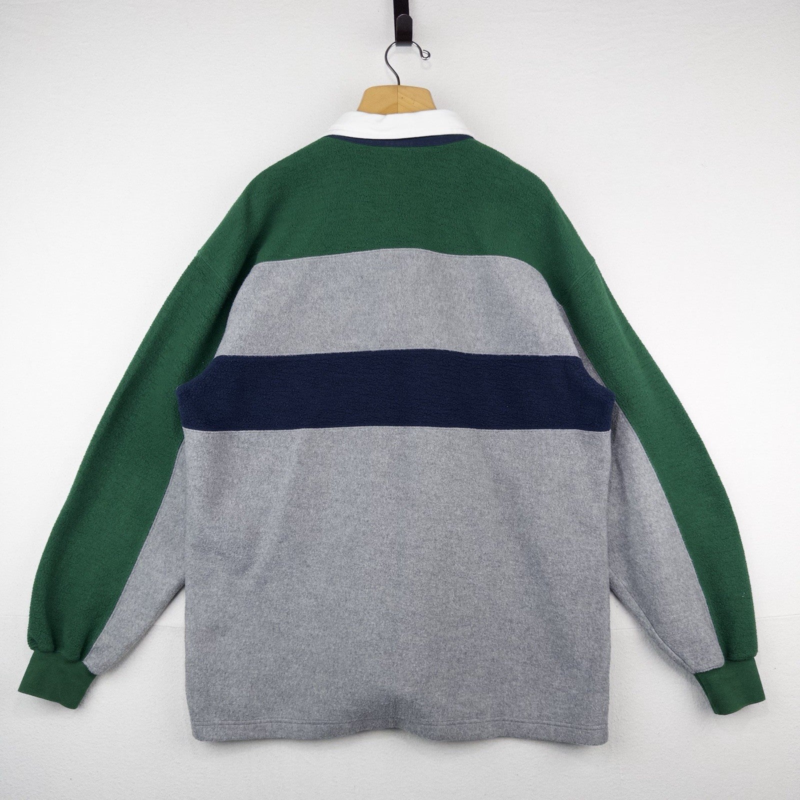 90’s Vtg Lands End Direct Merchants Men’s L Fleece Rugby Blue Green Gray