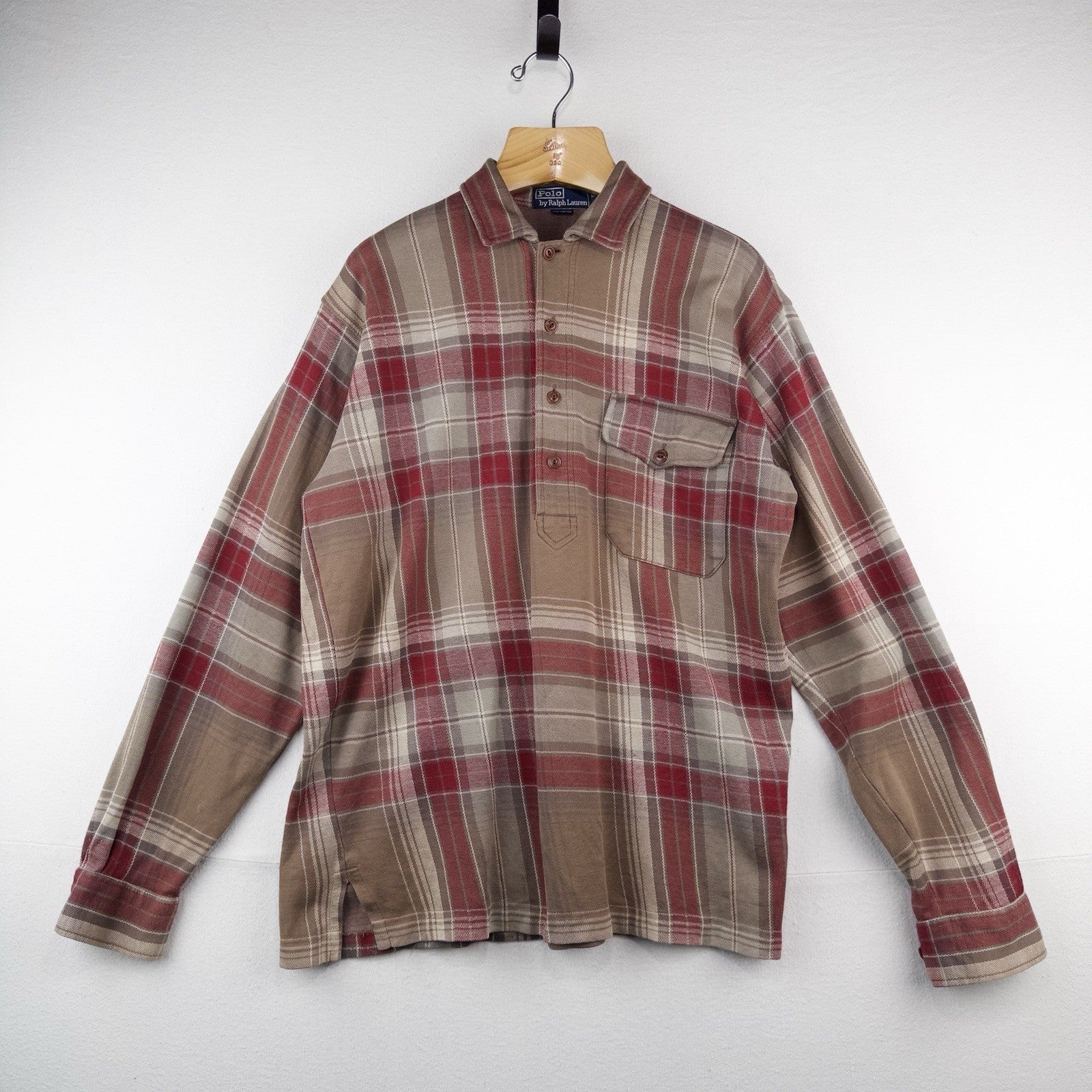 90’s Vtg Polo Ralph Lauren Men’s M Tan Brown Plaid Half Button Popover Shirt
