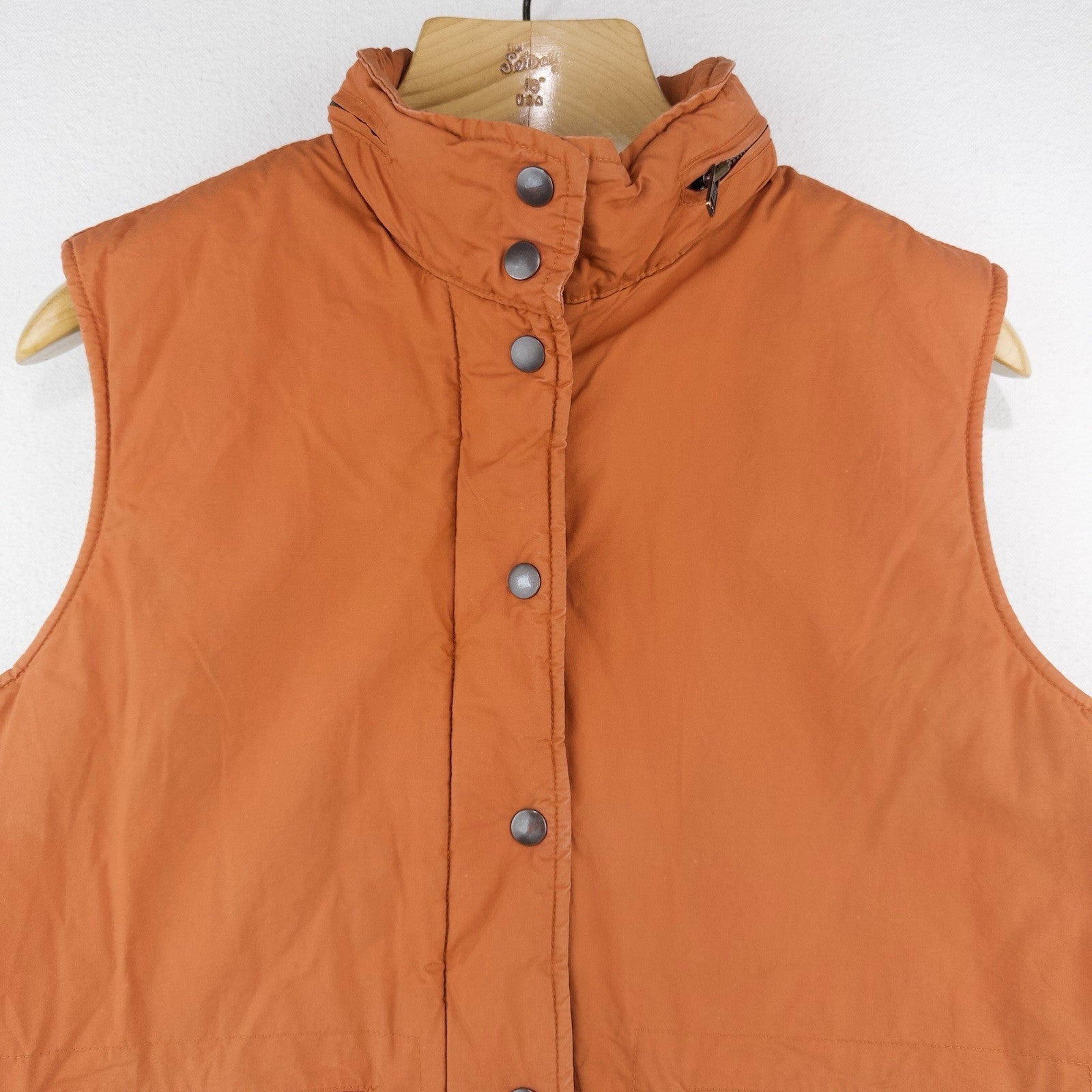 J.Crew Puffer Vest Full Zip Orange Women’s Large Hidden Hood Snaps
