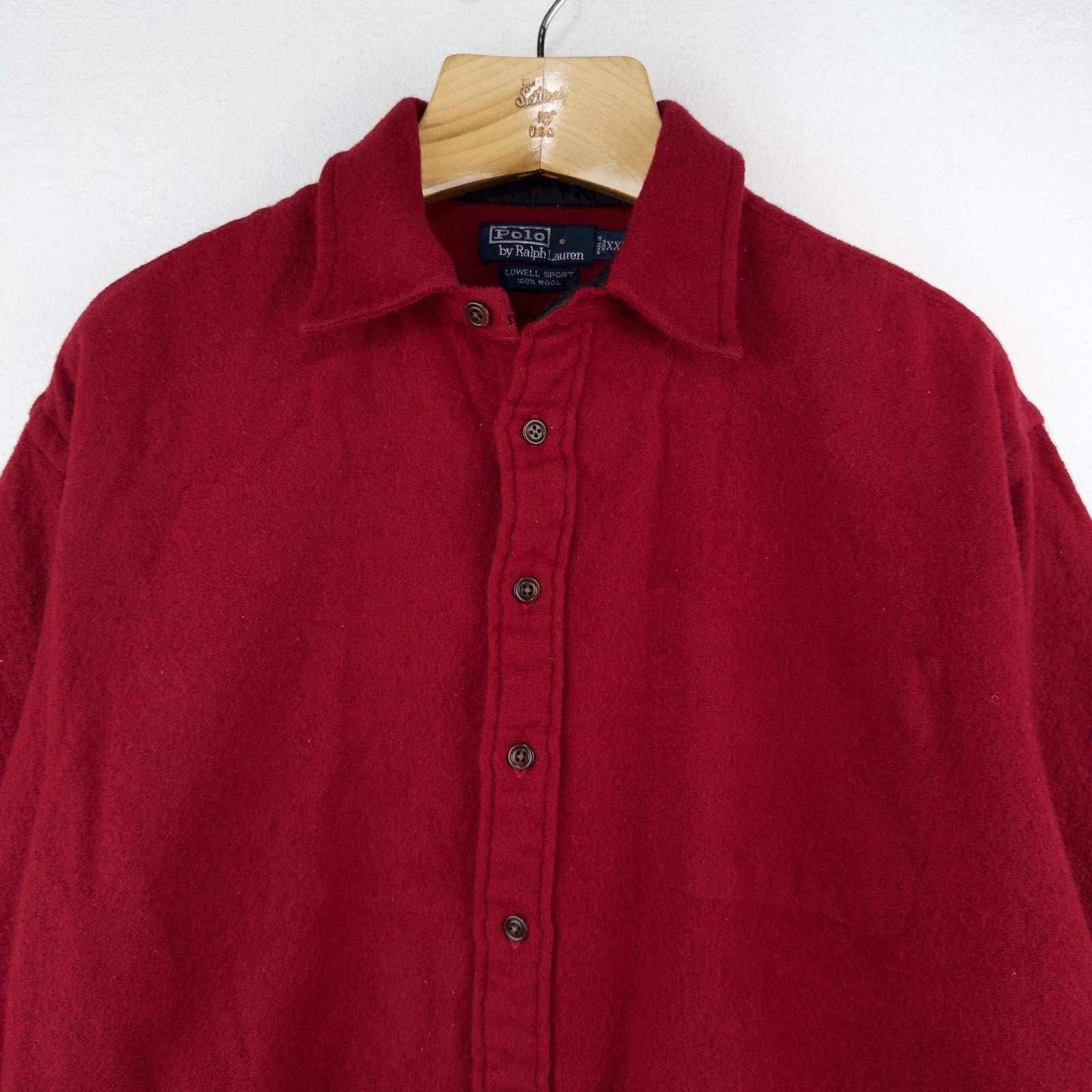 90s Vtg Polo Ralph Lauren Red Lowell 100% Wool Button Up Shirt Boxy *Distressed