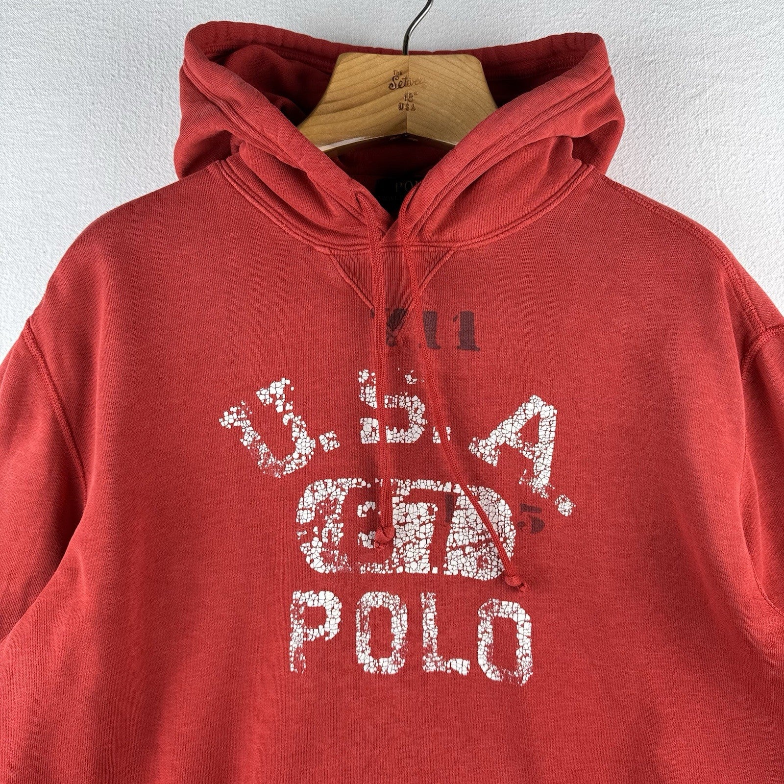 Distressed Polo Ralph Lauren Hoodie Men’s Large USA Polo 67 Coral Red Orange