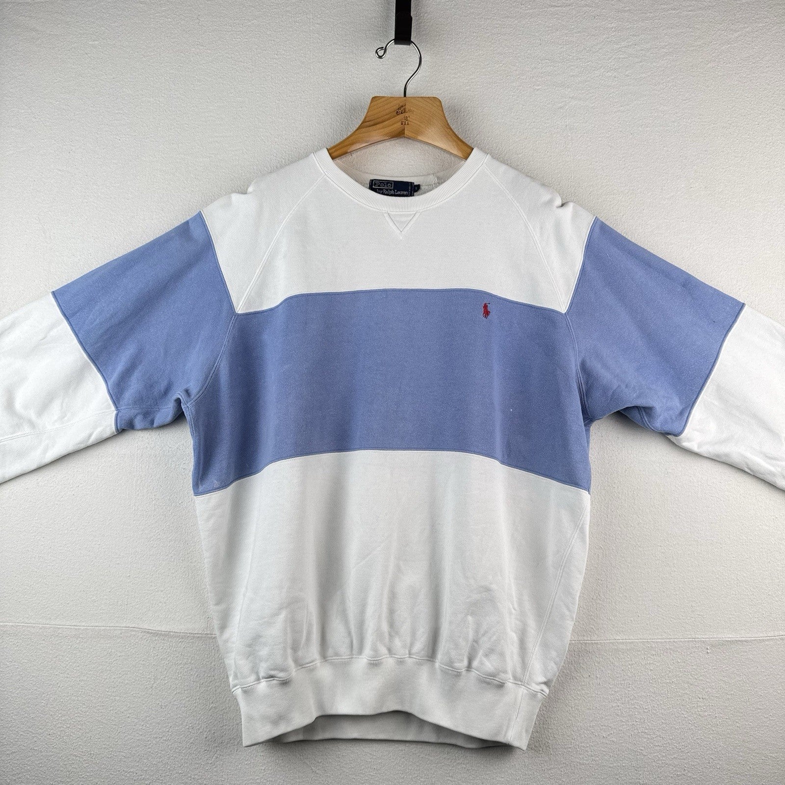 90’s Vtg Polo Ralph Lauren Men L Color Block Sweatshirt Blue White French Terry
