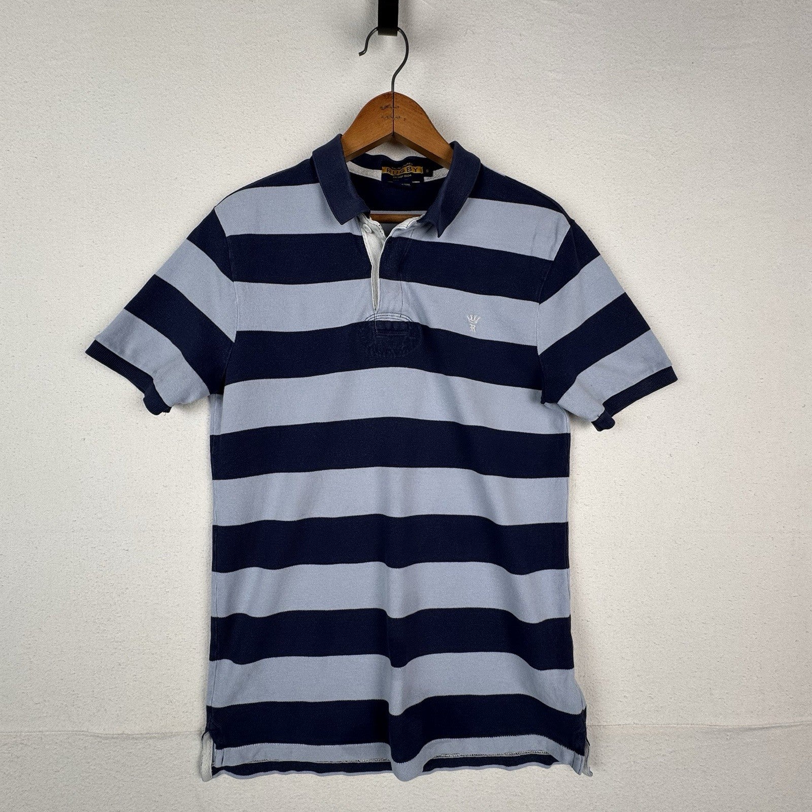 Ralph Lauren Rugby Short Sleeve Striped Blue Mesh Polo Shirt Mens Small