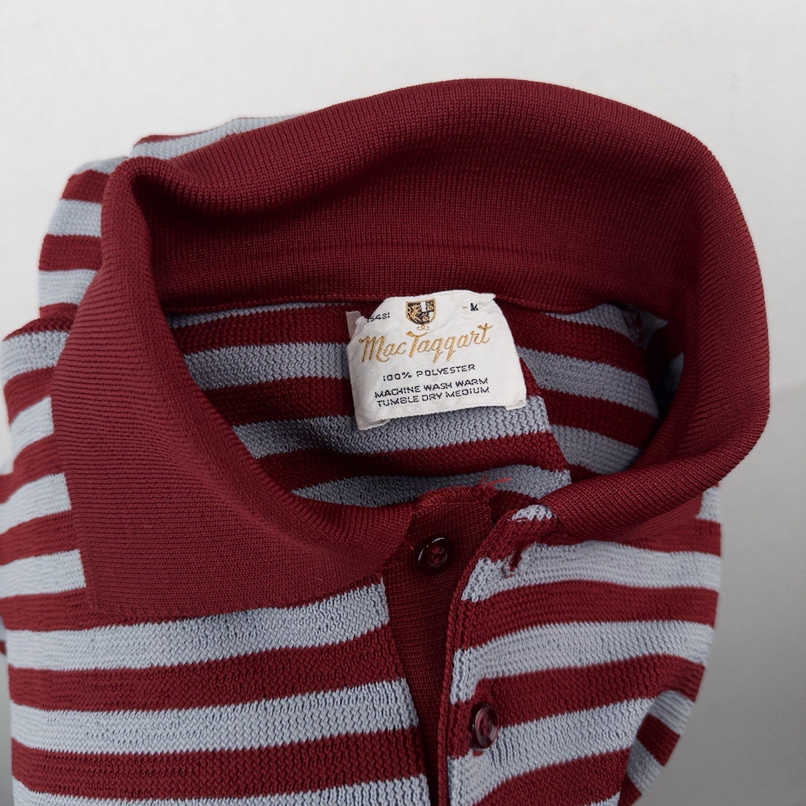 60's Vtg Mac Taggart 3 Button Polo Shirt  Gray Red Stripes Long Sleeve Men’s M