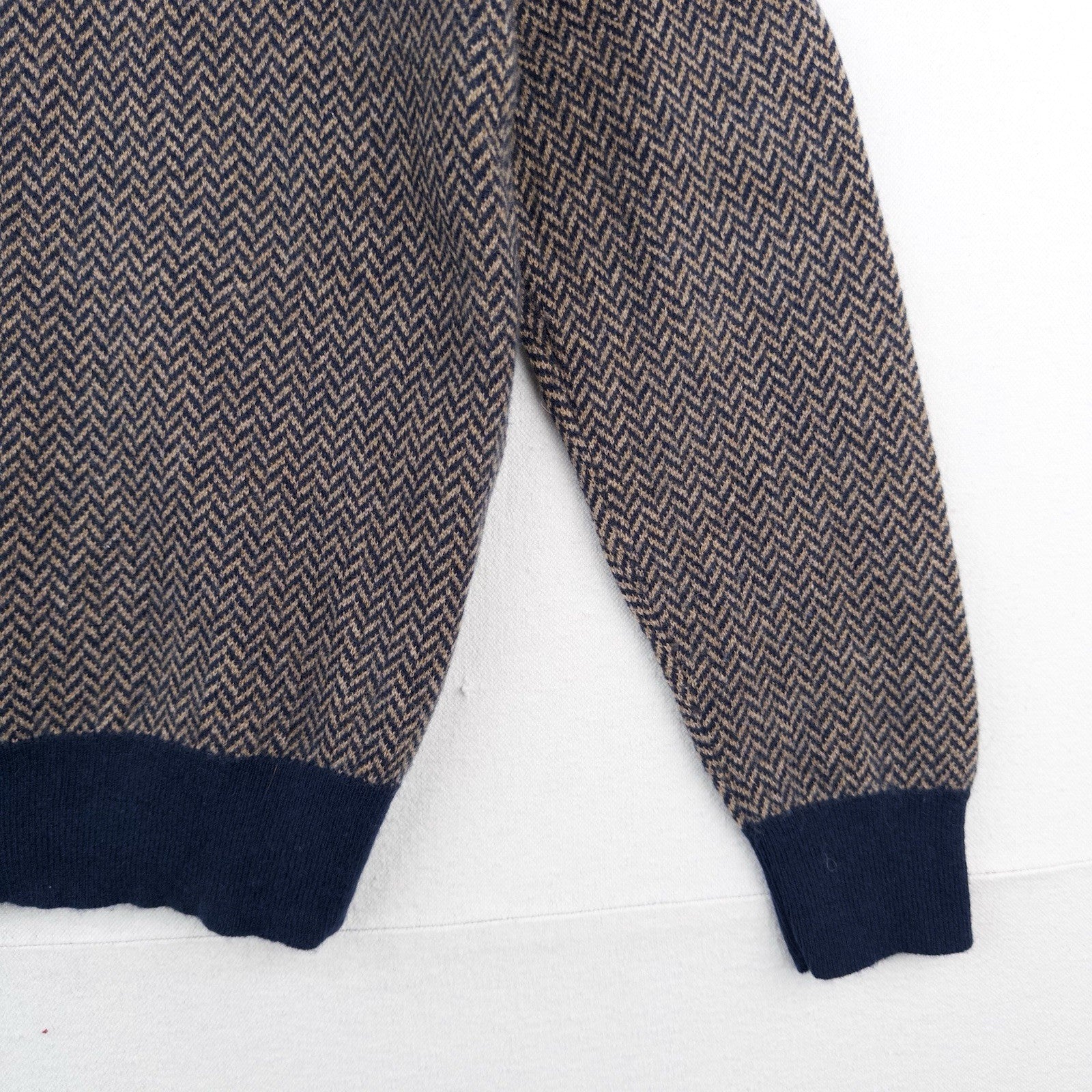J.Crew 100% Cashmere Herringbone Jacquard Crewneck Sweater Men’s Large Blue Tan