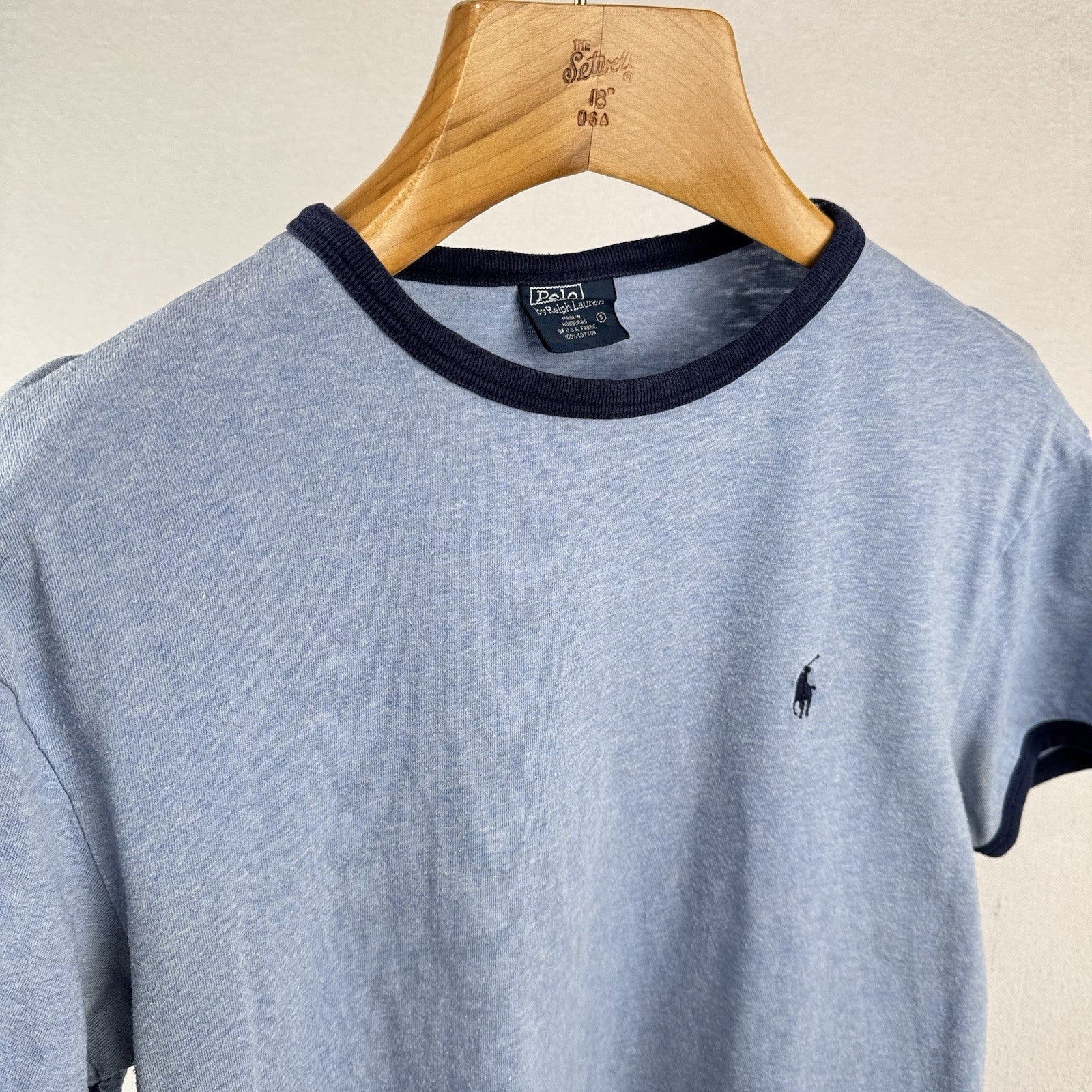 Vtg Polo Ralph Lauren Marled Powder Blue Ringer TShirt Mens Small *Distressed