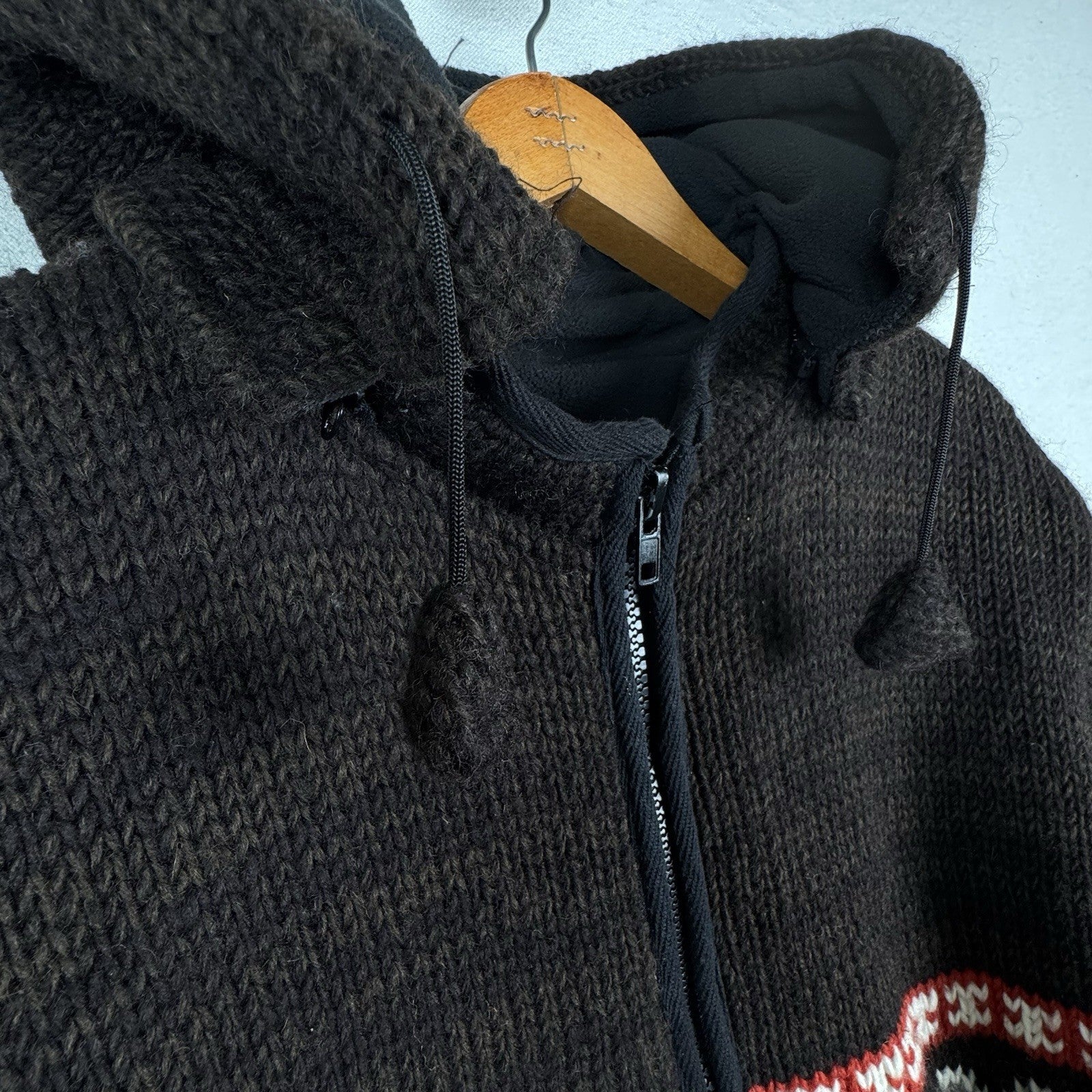 Nepal 100% Wool Jacket Detachable Hood Brown Red Full Zip Flannel Lined Sz L USA