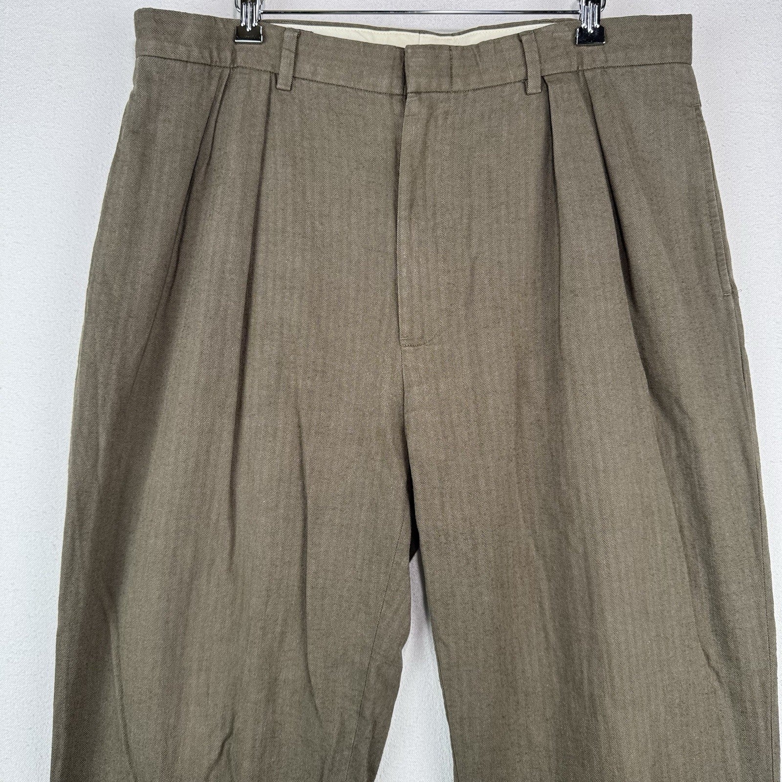 Vtg Polo Ralph Lauren Fits 36x32 Tan Herringbone Pleated Cuffed Dress Pants