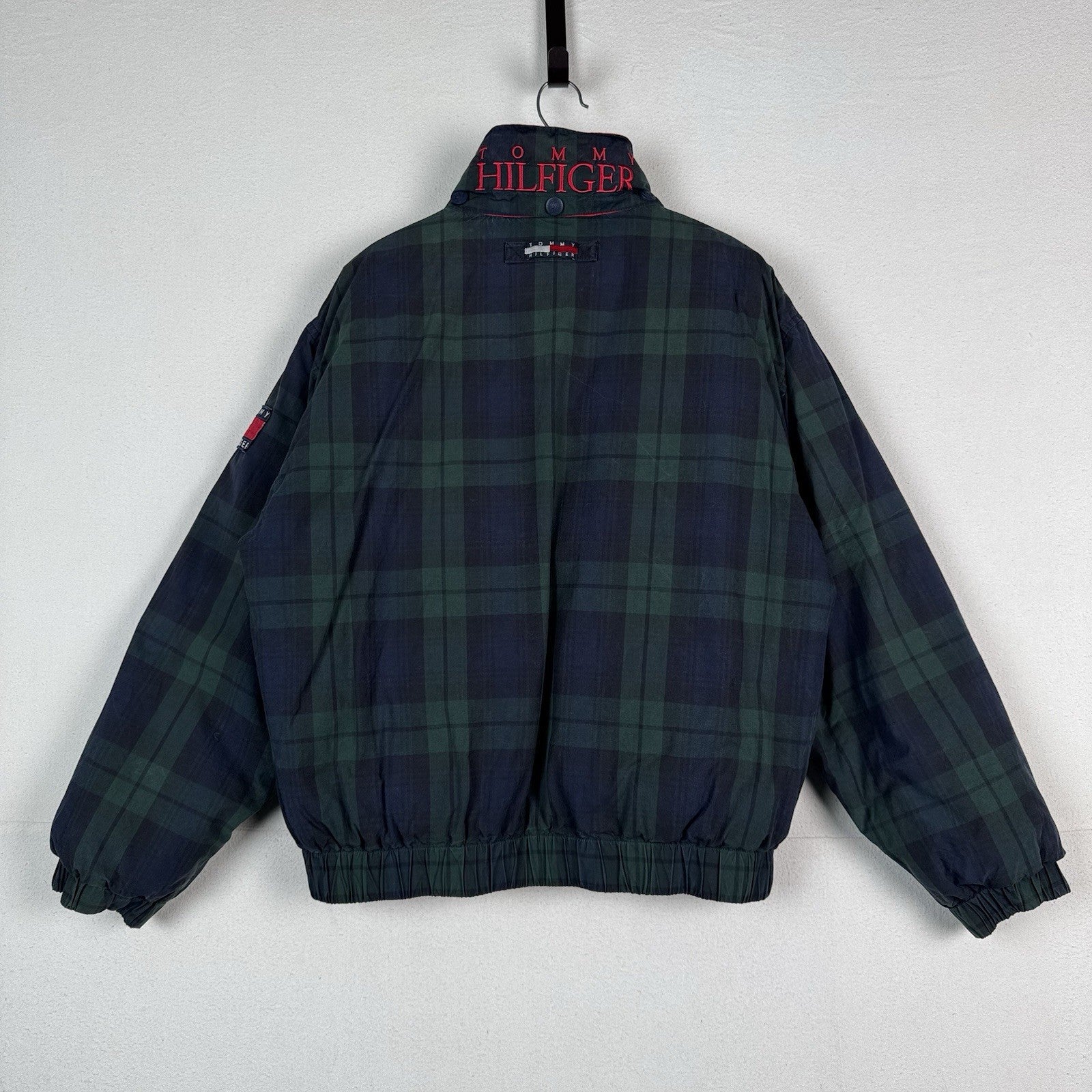 Vintage 90s Tommy Hilfiger Down Coat Ski Jacket Mens XL Tartan Plaid Embroidered