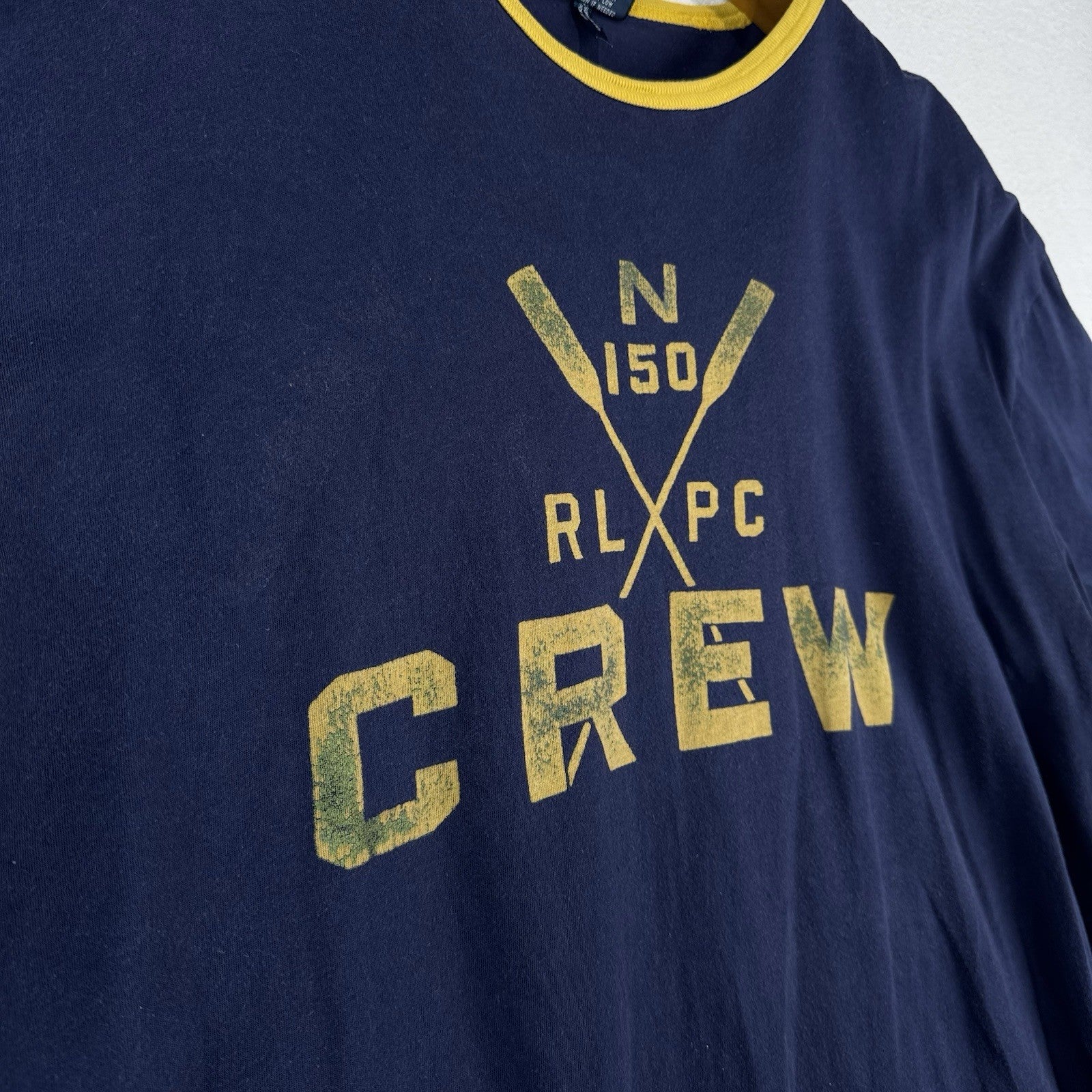 90’s Vtg Polo Ralph Lauren RL Crew Ringer T-Shirt Blue Yellow Mens L