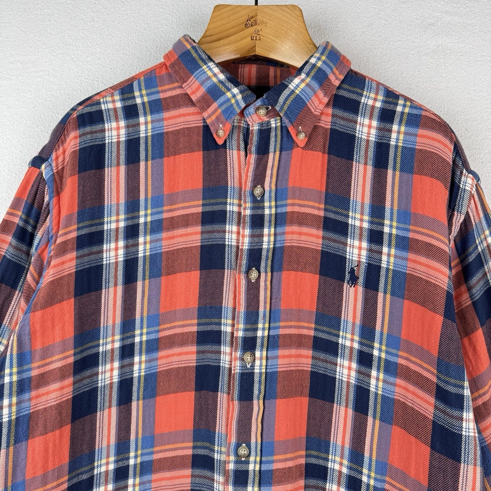 Vtg Polo Ralph Lauren Men's 2XL Plaid Lined Flannel Shirt Orange Double Layer