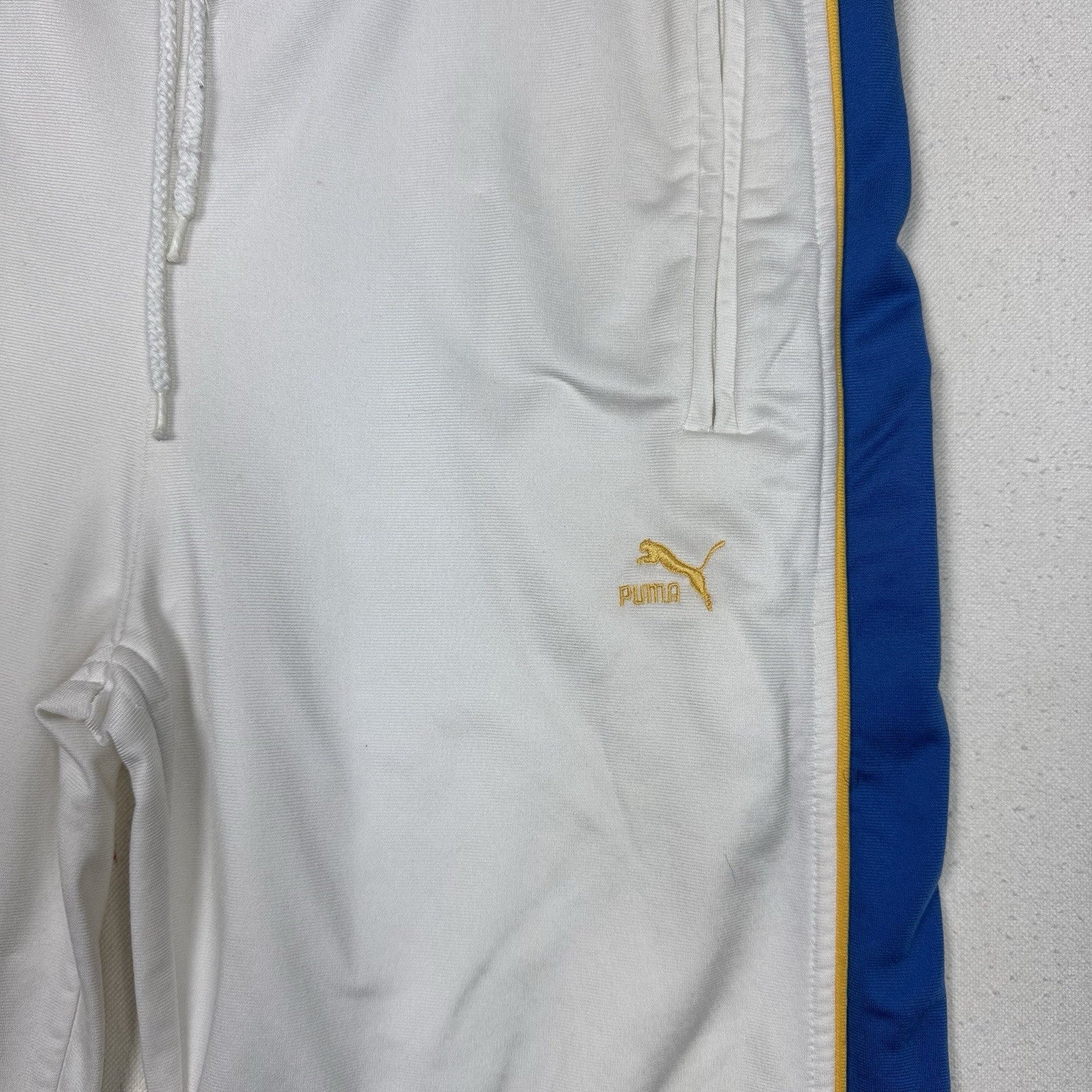 Vintage 80’s Puma Track Pants Embroidered Logo White Blue Yellow