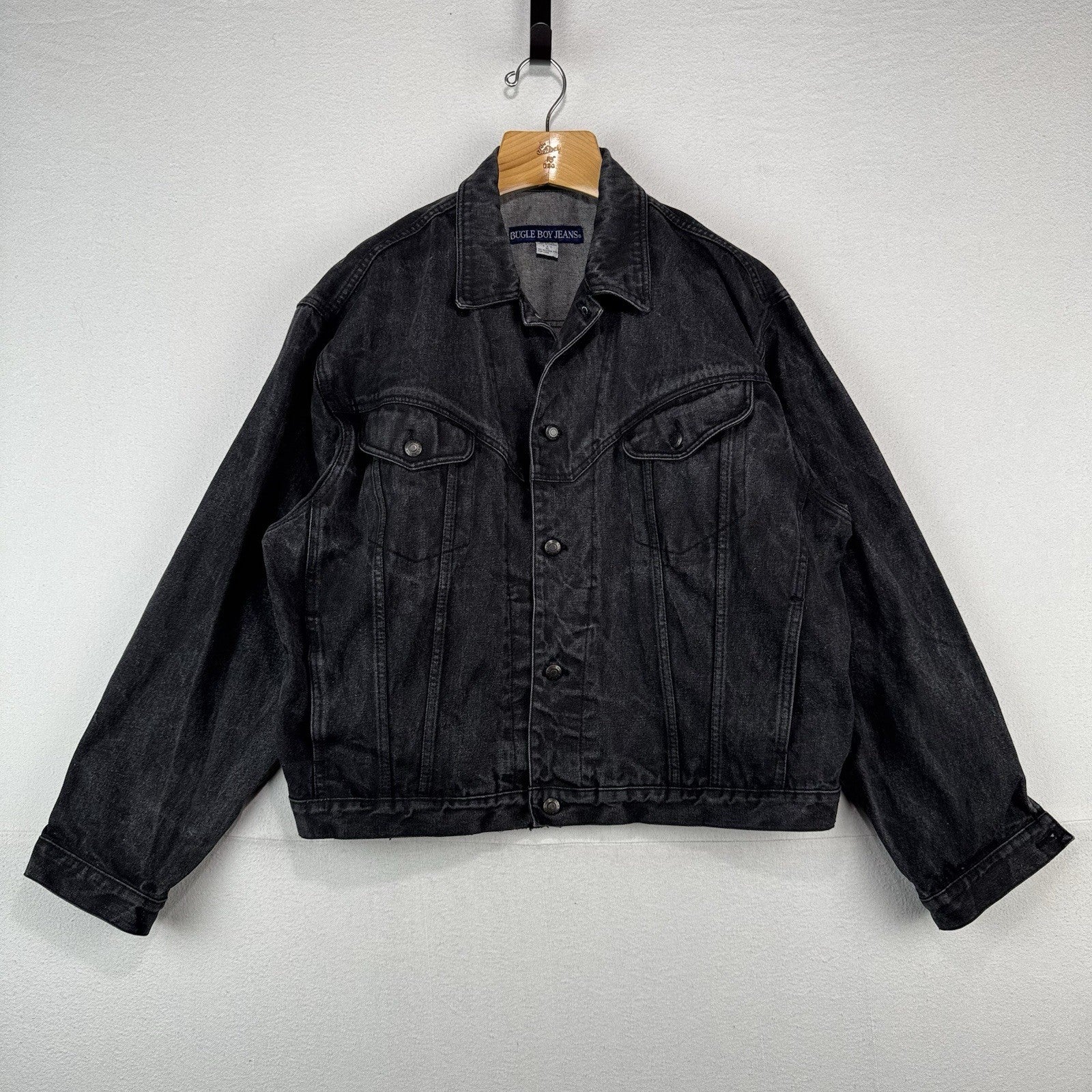 80’s Vintage Bugle Boy Denim Trucker Jacket Men’s XL Boxy Faded Black *Read