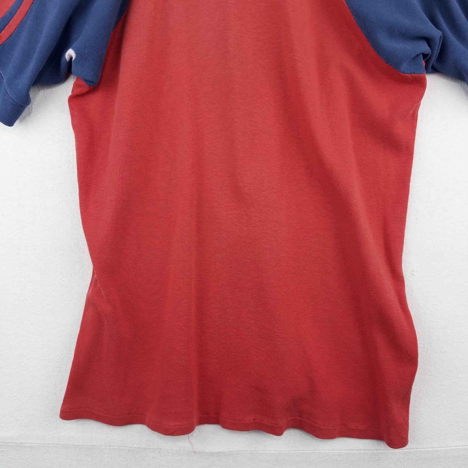 70's Vtg Raglan Polo Shirt Red Blue Color Block Johnny Collar V-Neck *Distressed
