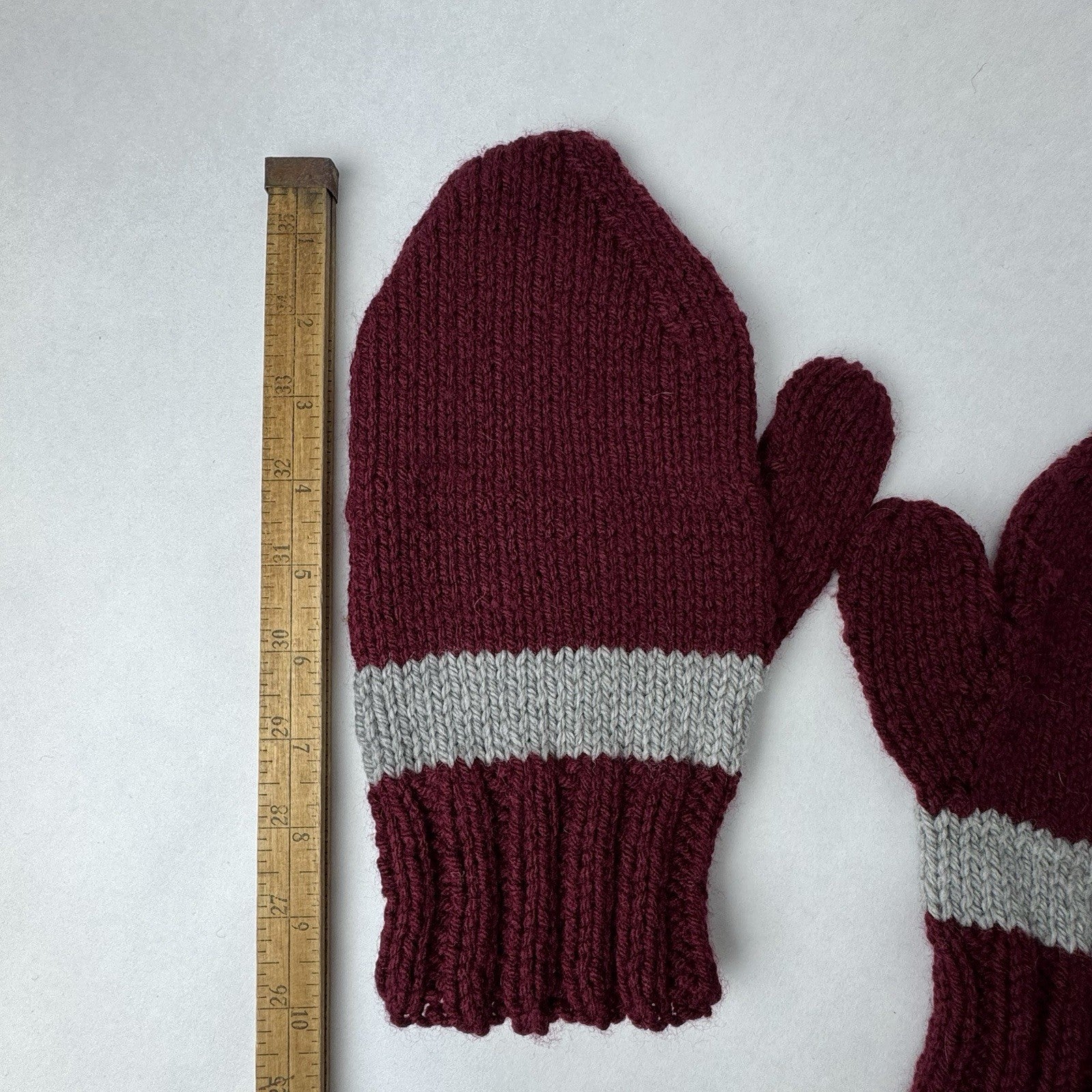 Hand Knit Mittens Burgundy Wine Red Gray Stripe Adult 10”x5”