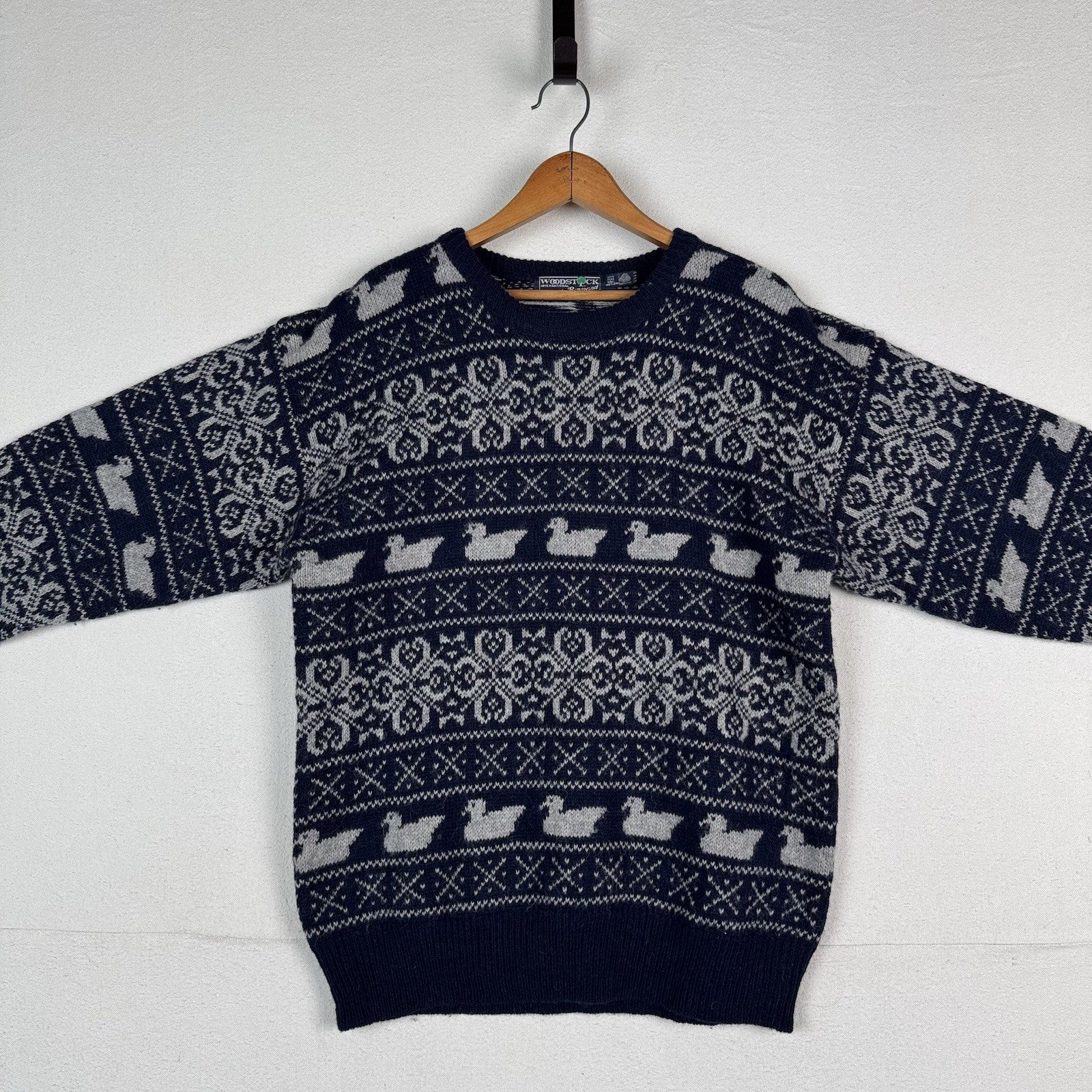 Vtg Woodstock Bernard Wool Fair Isle Ski Sweater Men’s M Blue Hand Knit Ducks