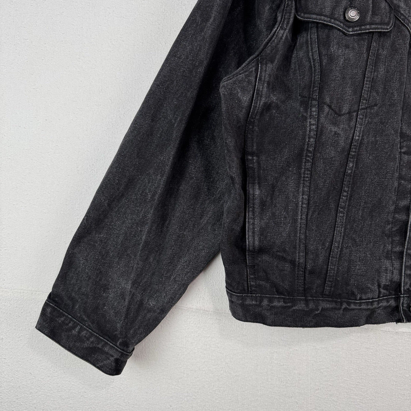 80’s Vintage Bugle Boy Denim Trucker Jacket Men’s XL Boxy Faded Black *Read
