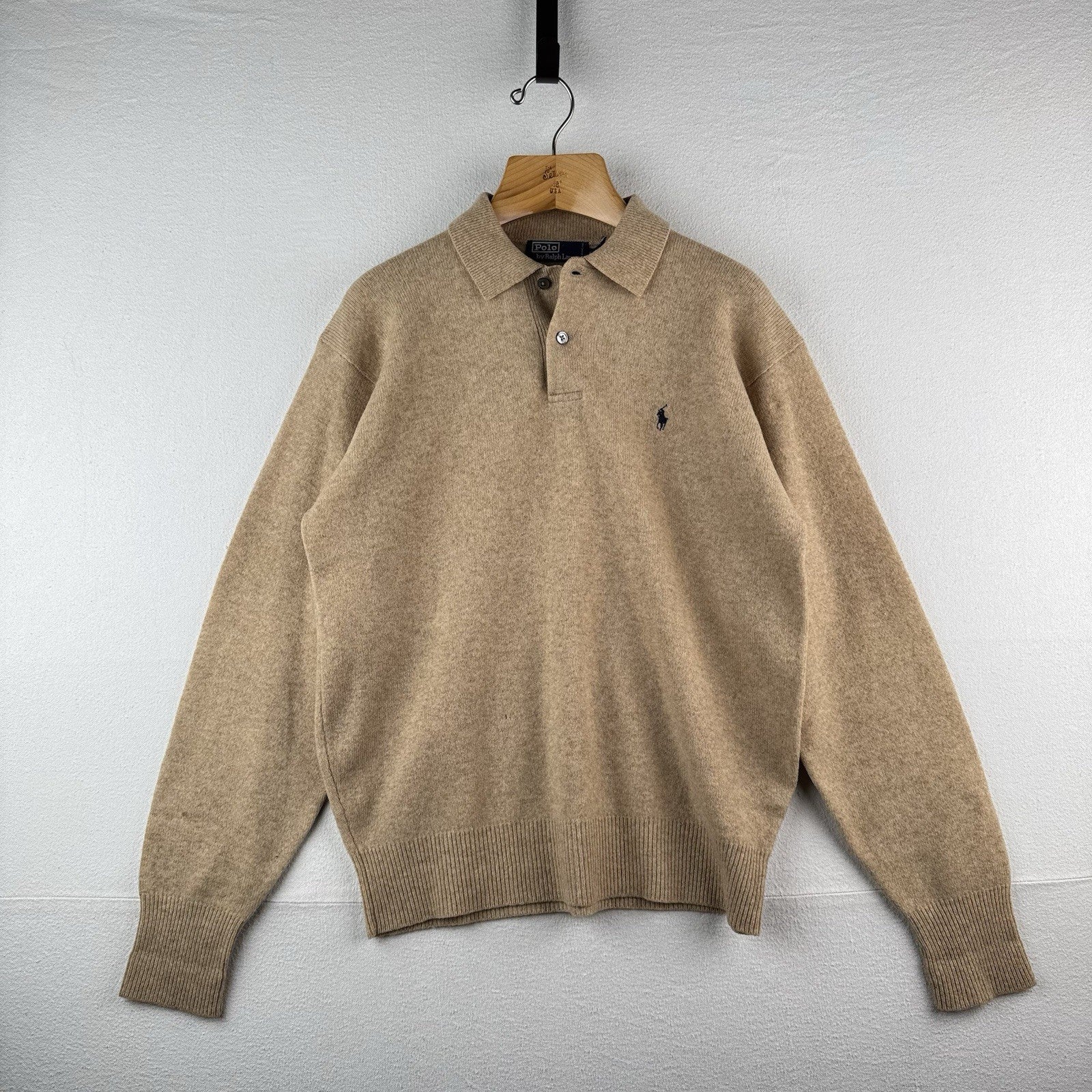 90s Vtg Polo Ralph Lauren Sweater Mens M Camel Tan Lambswool Knit Collared *Read