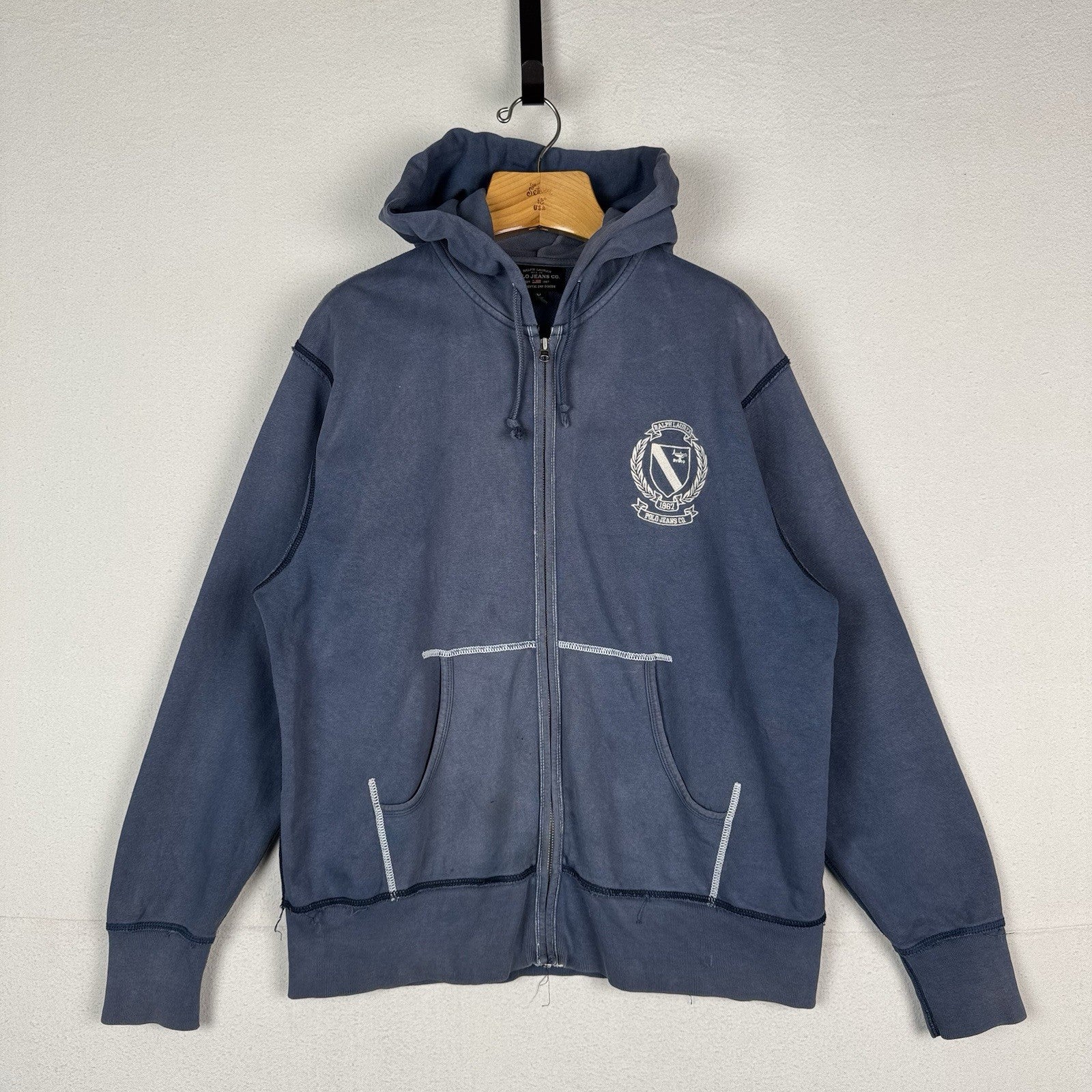 Vtg Ralph Lauren Polo Jeans Co Hoodie Sweatshirt Men's M Navy Crest *Sun Faded