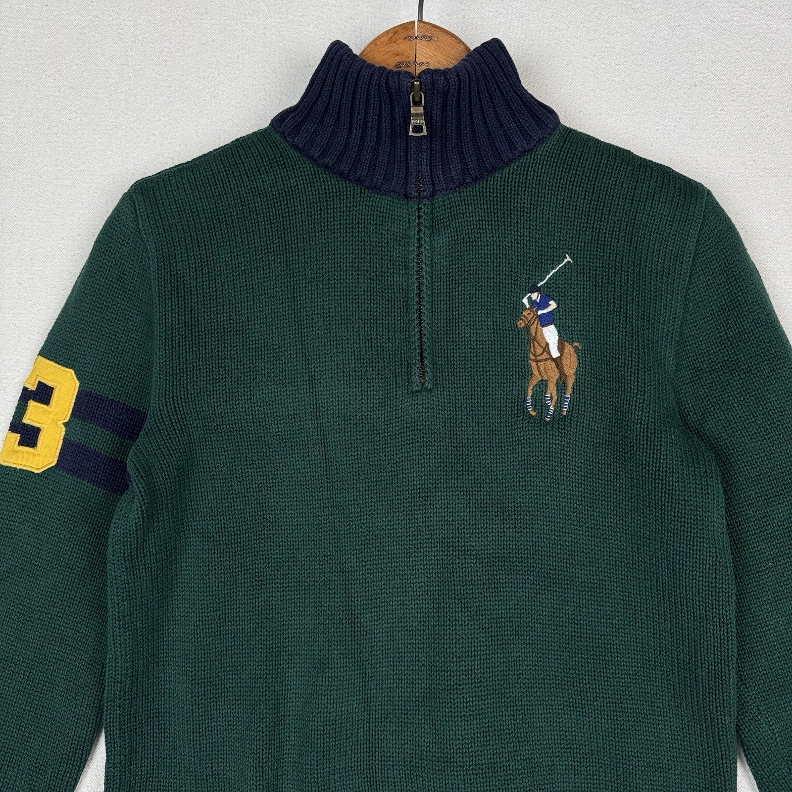 Polo Ralph Lauren Boys Large (14/16) Big Pony 1/4 Zip Sweater Green Navy Blue