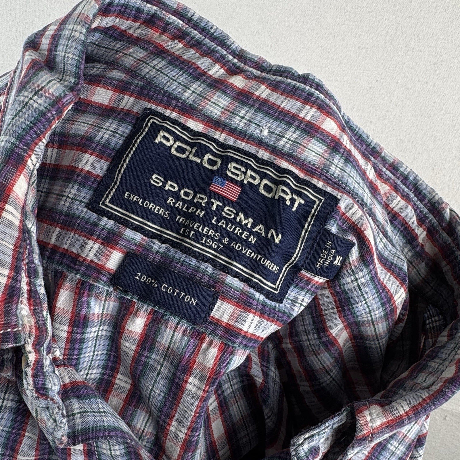 Vintage Polo Sport Ralph Lauren Men’s XL Red Blue Plaid Cotton Camp Shirt