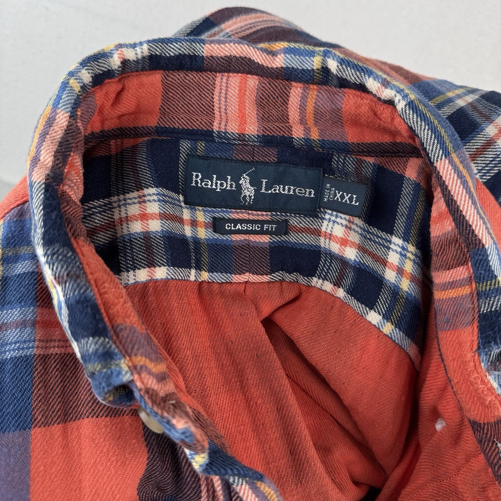 Vtg Polo Ralph Lauren Men's 2XL Plaid Lined Flannel Shirt Orange Double Layer