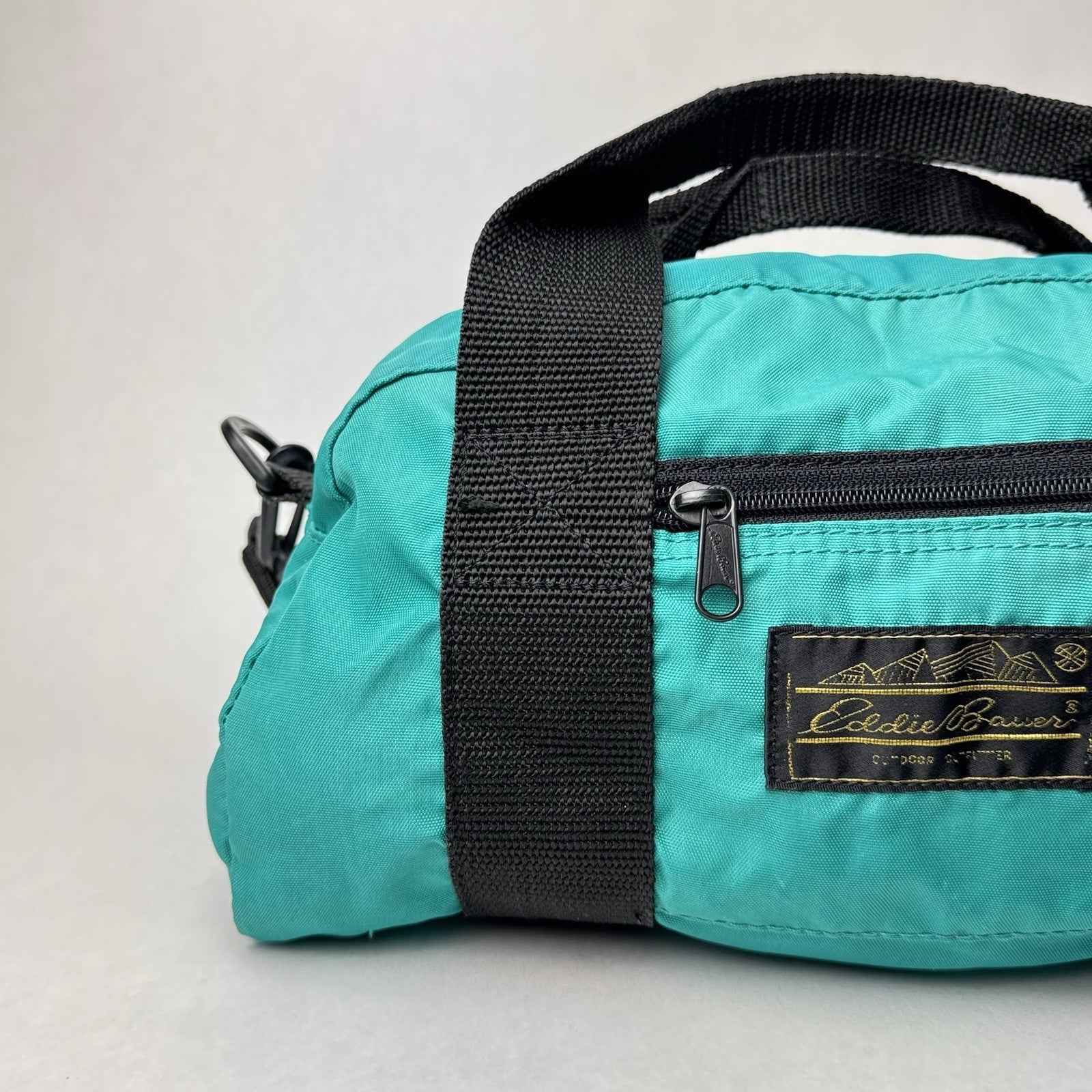 Vintage Eddie Bauer Small Canvas Duffle Bag Hand Tote Green w/Strap 14”x7”x8”