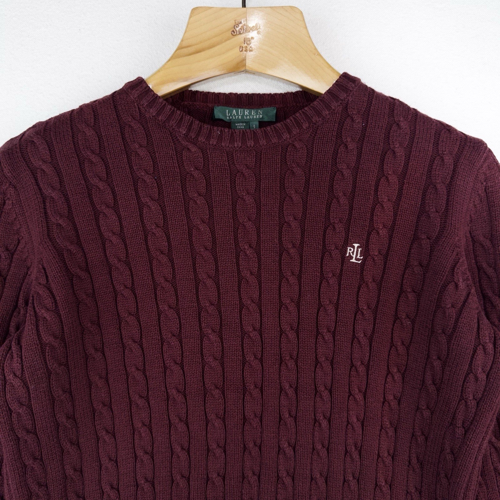 Ralph Lauren LRL Womens Small Maroon 100% Cotton Sweater 3D Cable Knit Crewneck