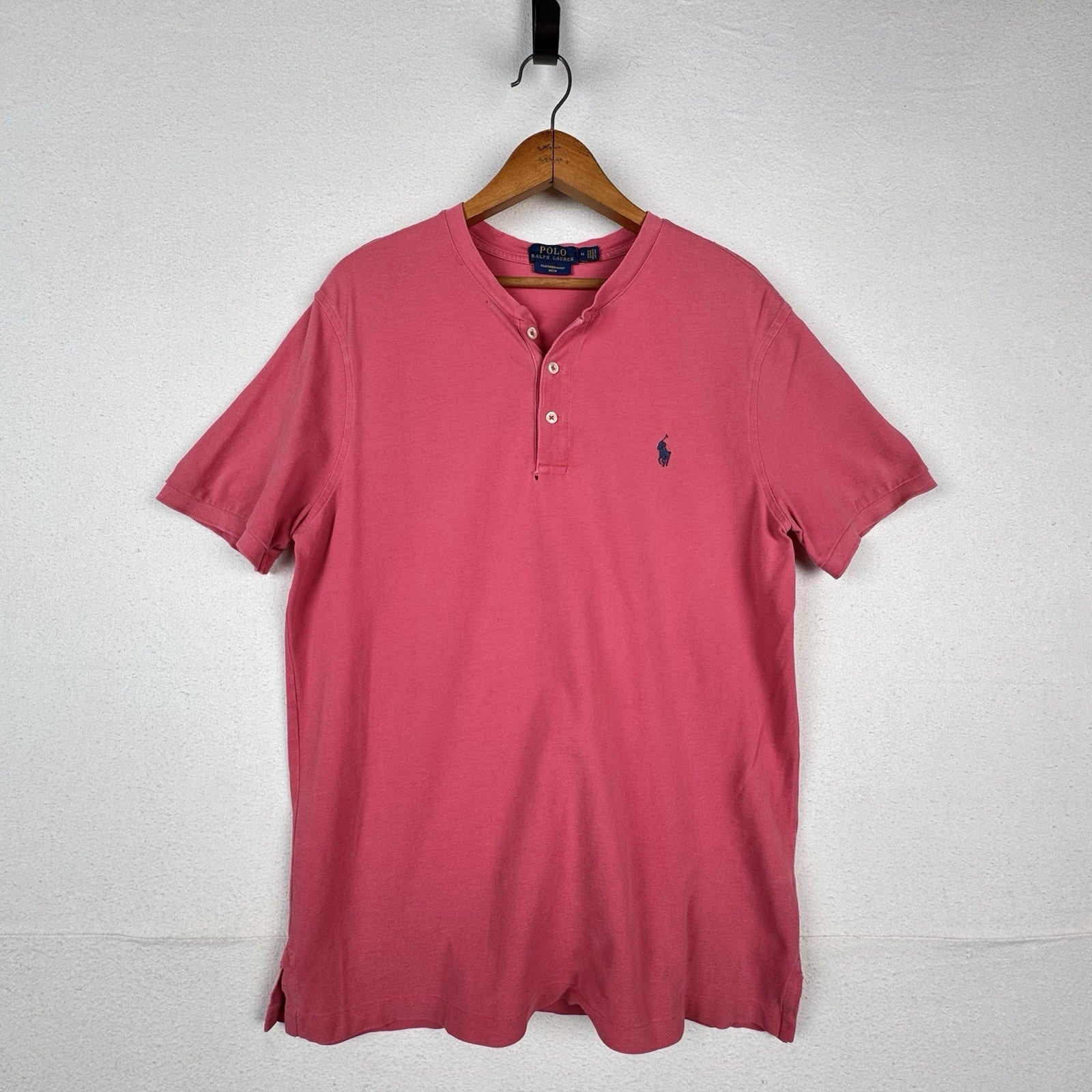 Polo Ralph Lauren Shirt Men Medium Salmon Pink Button Featherweight Mesh Henley