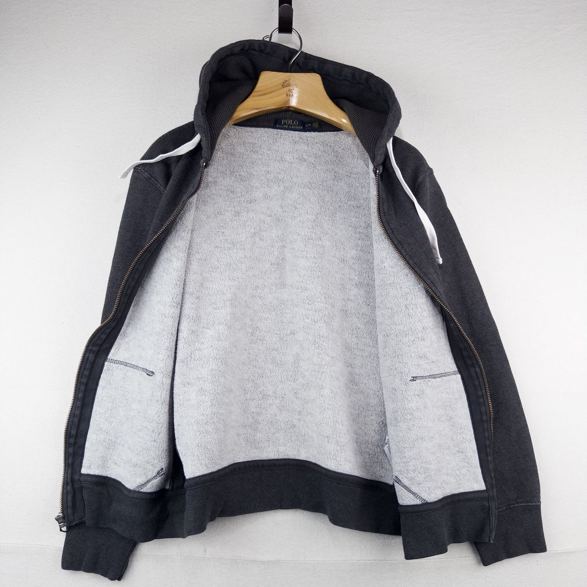 Polo Ralph Lauren Heavyweight Zip Up Gray Hoodie Waffle Knit Hood Men’s L *Read