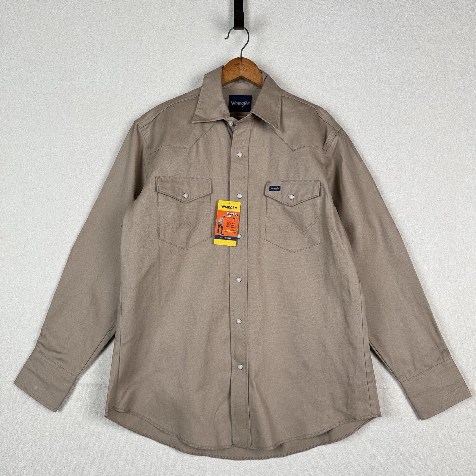 NWT Wrangler Mens Large Western Shirt Beige L/S Pearlsnap Cowboy Work Wear Shirt