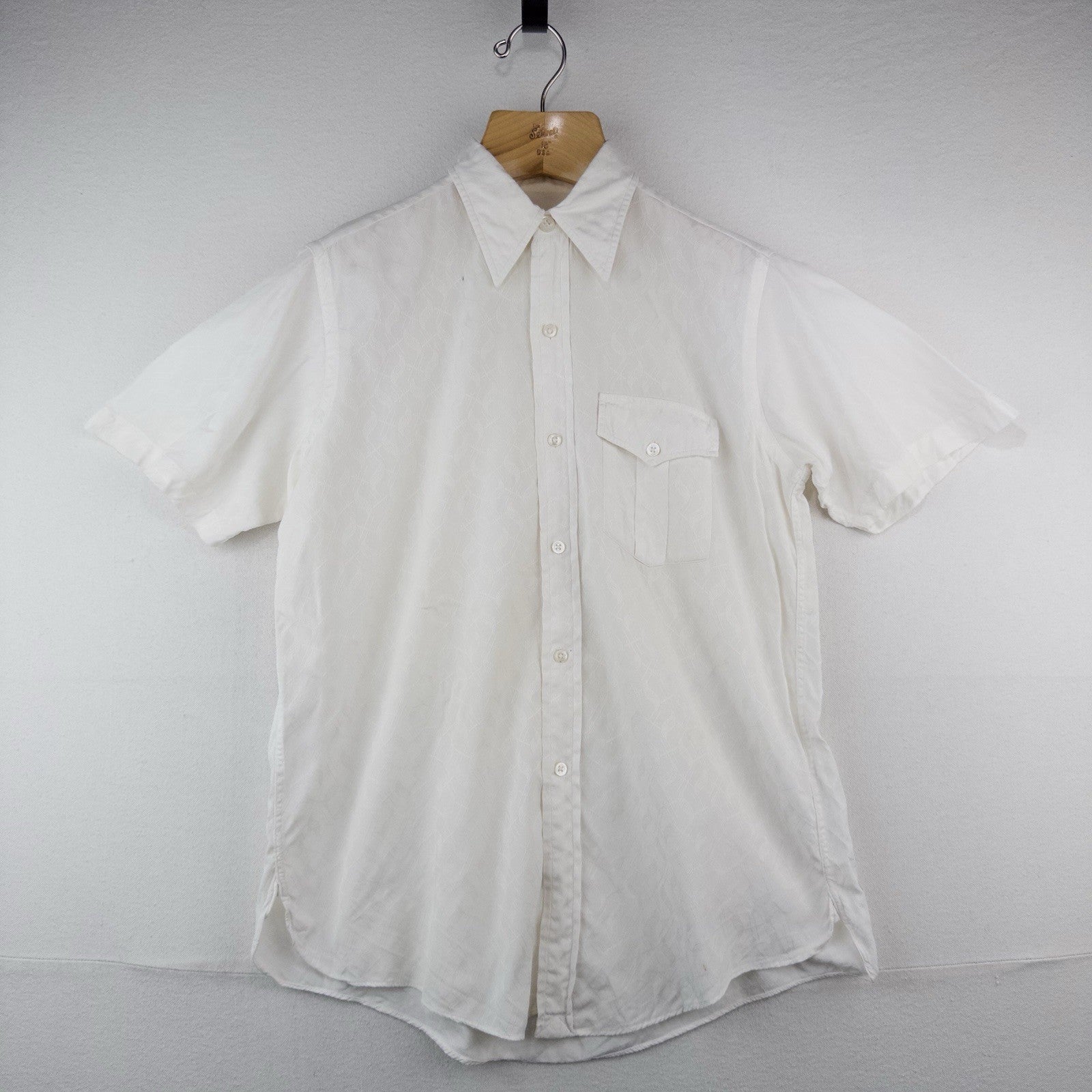 40’s Vtg British-imported Short Sleeve Button Up Jacquard White Shirt Thin L